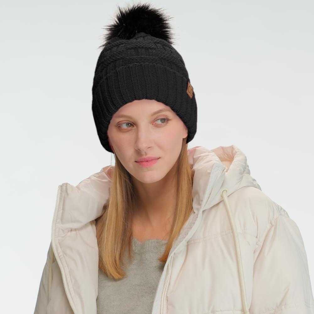 imageCC Knit Beanie Hat  Fuzzy Fleece Lined Warm Winter Hat for Women Soft Stretchy Slouchy Knit Cap Cold Weather BeanieBlack  Black Pom