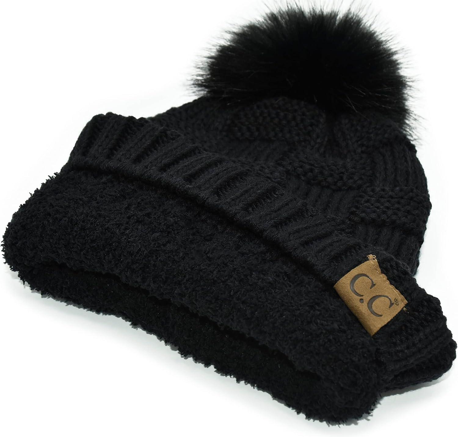 imageCC Knit Beanie Hat  Fuzzy Fleece Lined Warm Winter Hat for Women Soft Stretchy Slouchy Knit Cap Cold Weather BeanieBlack  Black Pom