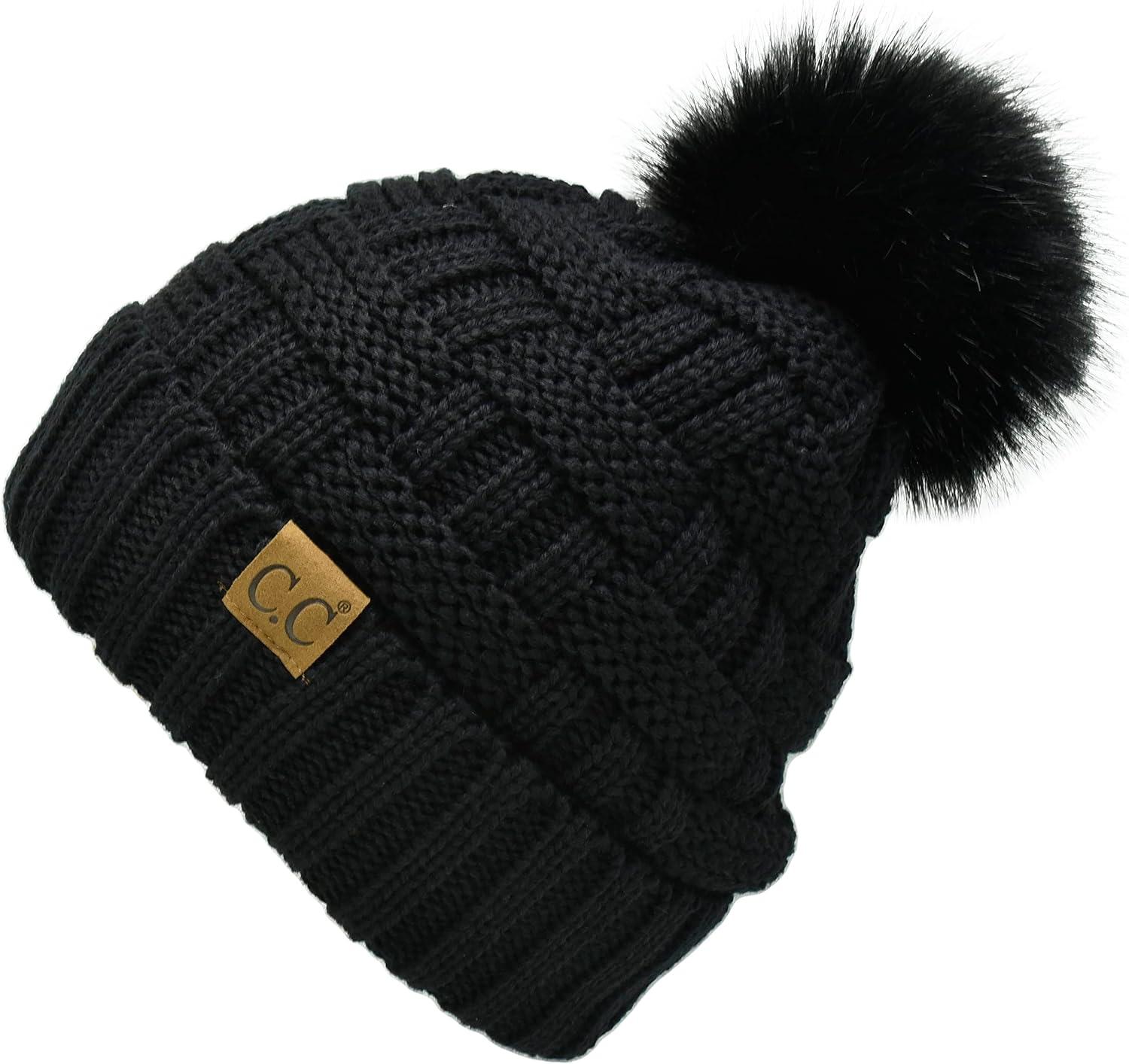 imageCC Knit Beanie Hat  Fuzzy Fleece Lined Warm Winter Hat for Women Soft Stretchy Slouchy Knit Cap Cold Weather BeanieBlack  Black Pom