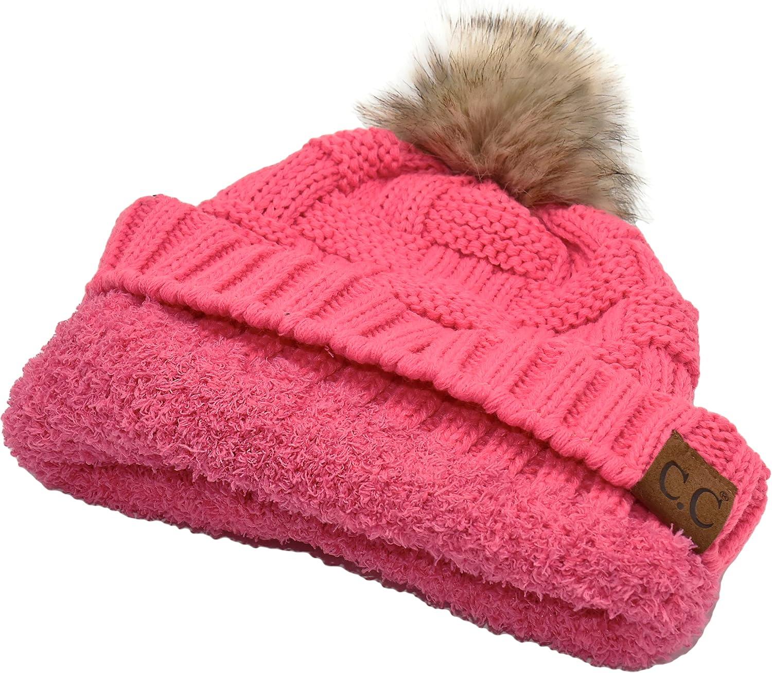 imageCC Knit Beanie Hat  Fuzzy Fleece Lined Warm Winter Hat for Women Soft Stretchy Slouchy Knit Cap Cold Weather BeanieCandy Pink