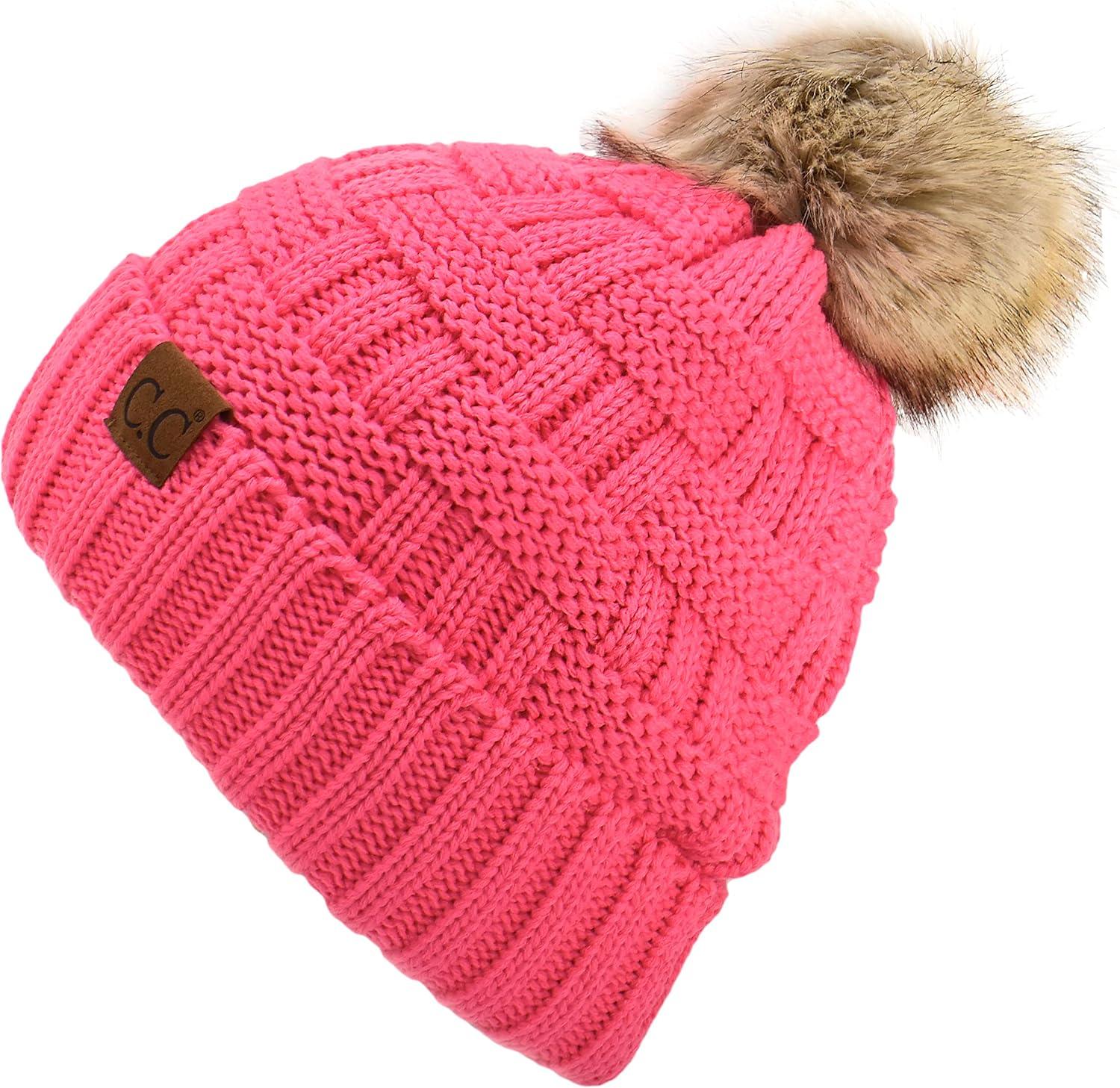 imageCC Knit Beanie Hat  Fuzzy Fleece Lined Warm Winter Hat for Women Soft Stretchy Slouchy Knit Cap Cold Weather BeanieCandy Pink