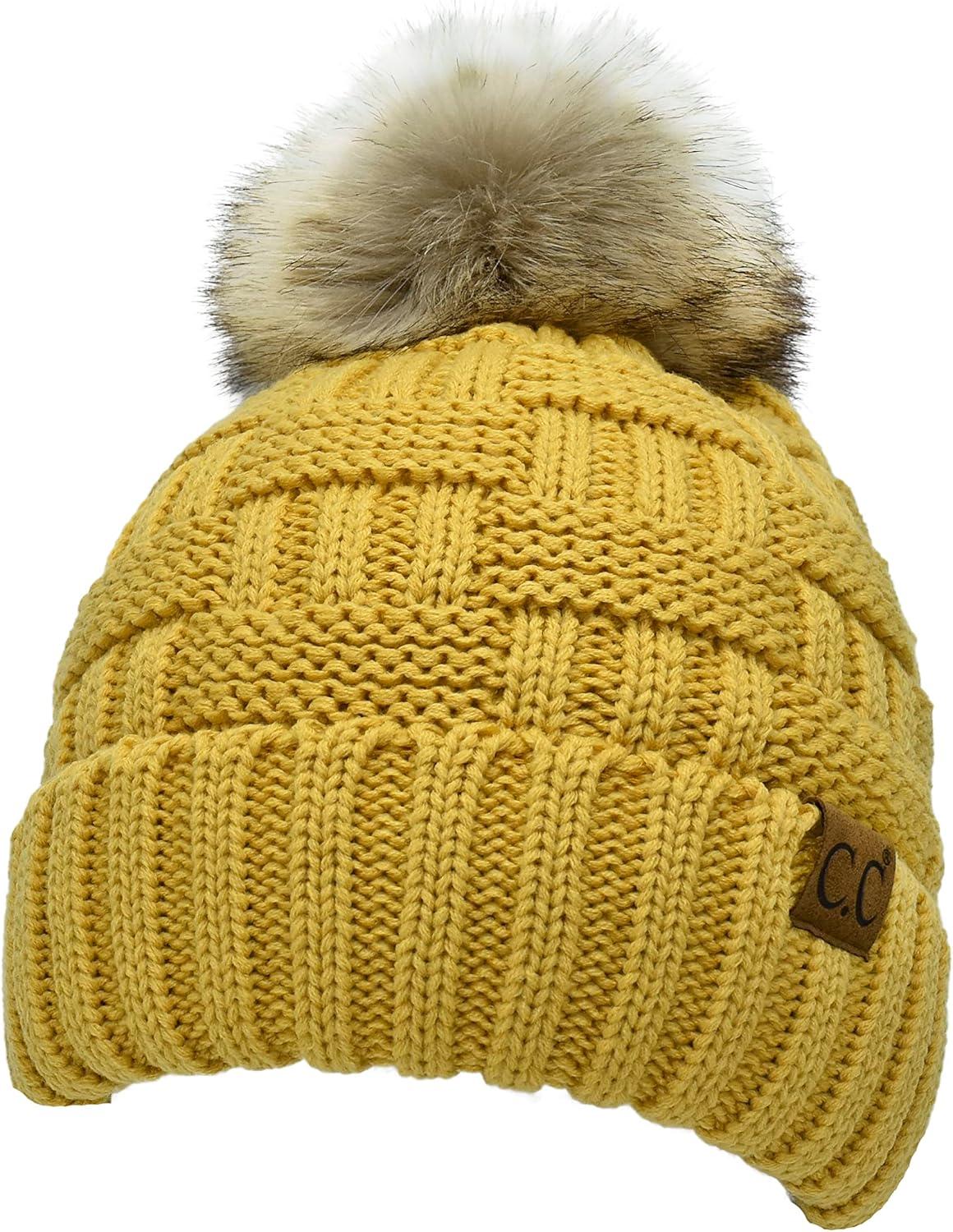 imageCC Knit Beanie Hat  Fuzzy Fleece Lined Warm Winter Hat for Women Soft Stretchy Slouchy Knit Cap Cold Weather BeanieHoney Mustard