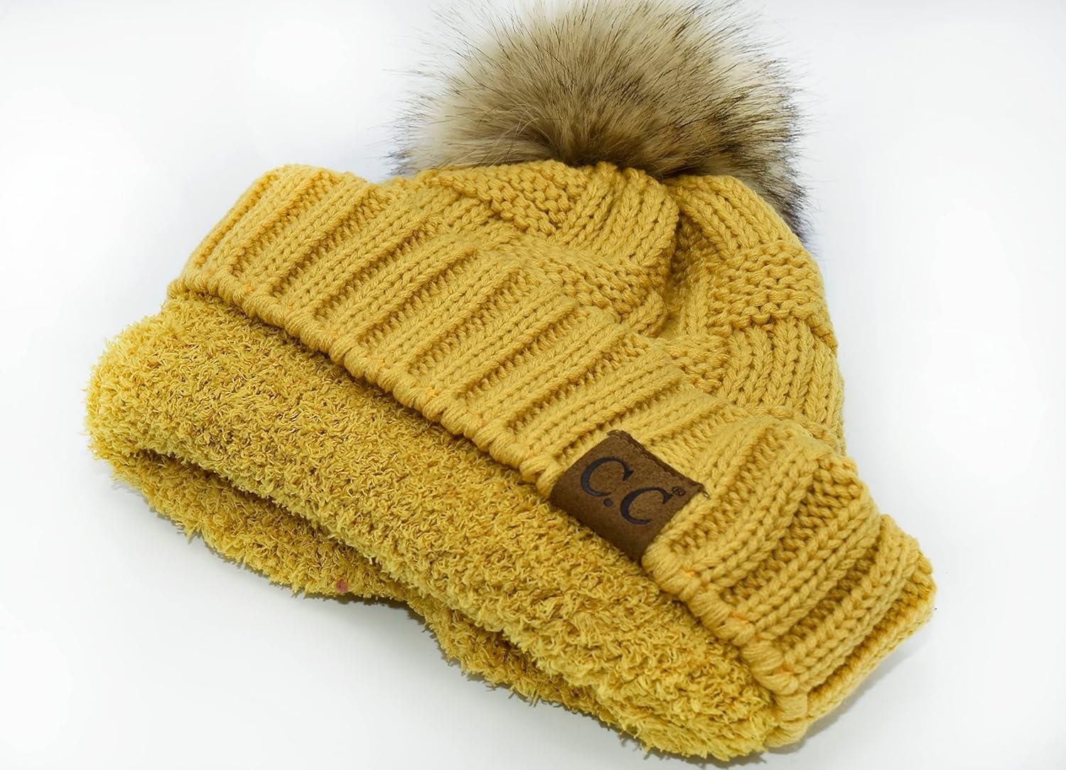 imageCC Knit Beanie Hat  Fuzzy Fleece Lined Warm Winter Hat for Women Soft Stretchy Slouchy Knit Cap Cold Weather BeanieHoney Mustard