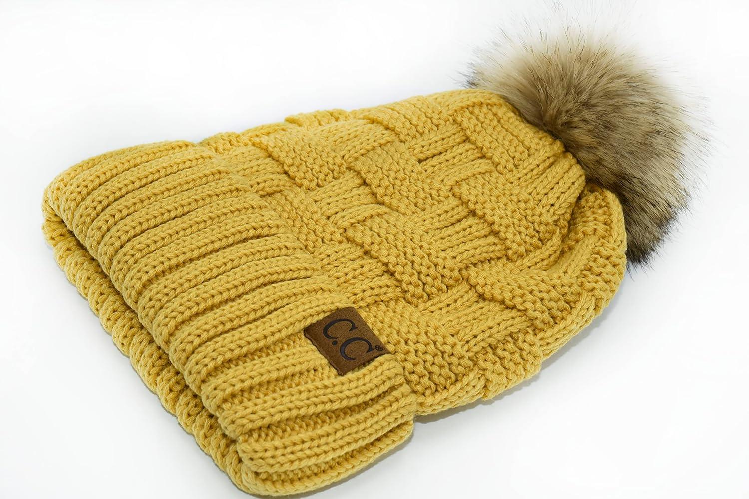imageCC Knit Beanie Hat  Fuzzy Fleece Lined Warm Winter Hat for Women Soft Stretchy Slouchy Knit Cap Cold Weather BeanieHoney Mustard