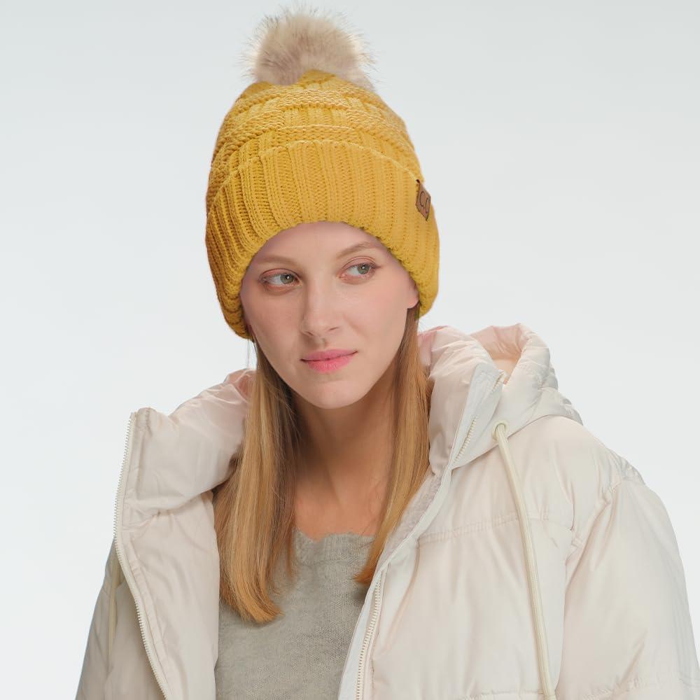 imageCC Knit Beanie Hat  Fuzzy Fleece Lined Warm Winter Hat for Women Soft Stretchy Slouchy Knit Cap Cold Weather BeanieHoney Mustard