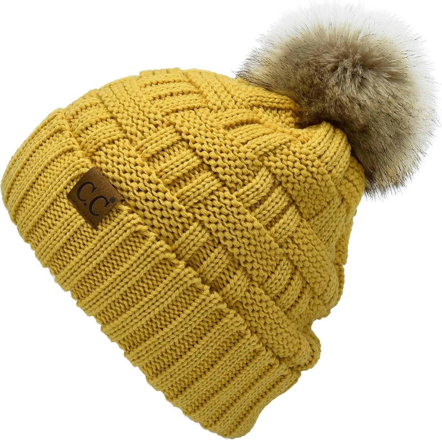 imageCC Knit Beanie Hat  Fuzzy Fleece Lined Warm Winter Hat for Women Soft Stretchy Slouchy Knit Cap Cold Weather BeanieHoney Mustard