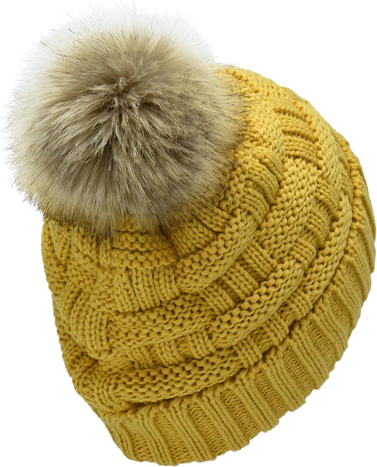 imageCC Knit Beanie Hat  Fuzzy Fleece Lined Warm Winter Hat for Women Soft Stretchy Slouchy Knit Cap Cold Weather BeanieHoney Mustard