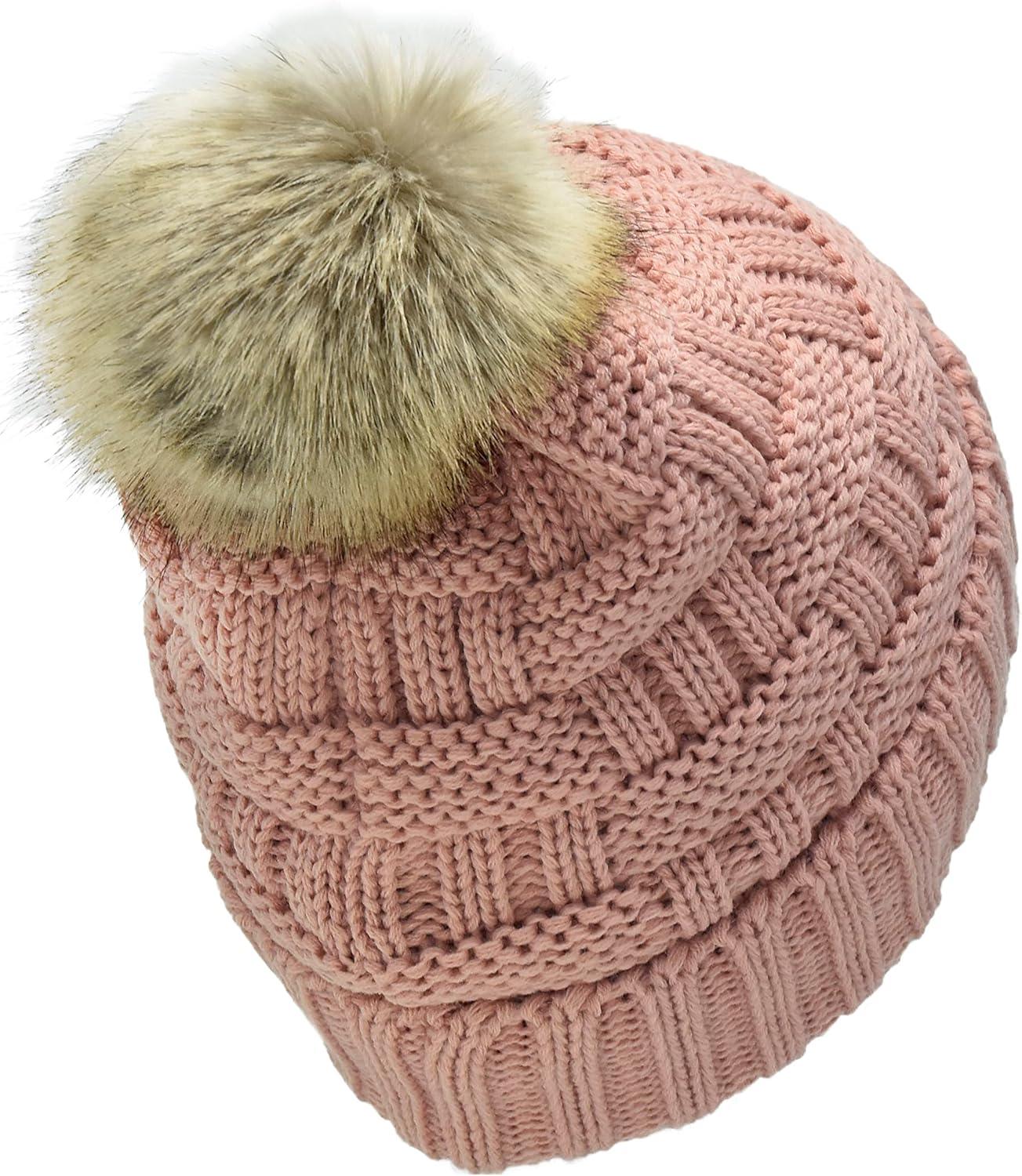imageCC Knit Beanie Hat  Fuzzy Fleece Lined Warm Winter Hat for Women Soft Stretchy Slouchy Knit Cap Cold Weather BeanieIndi Pink