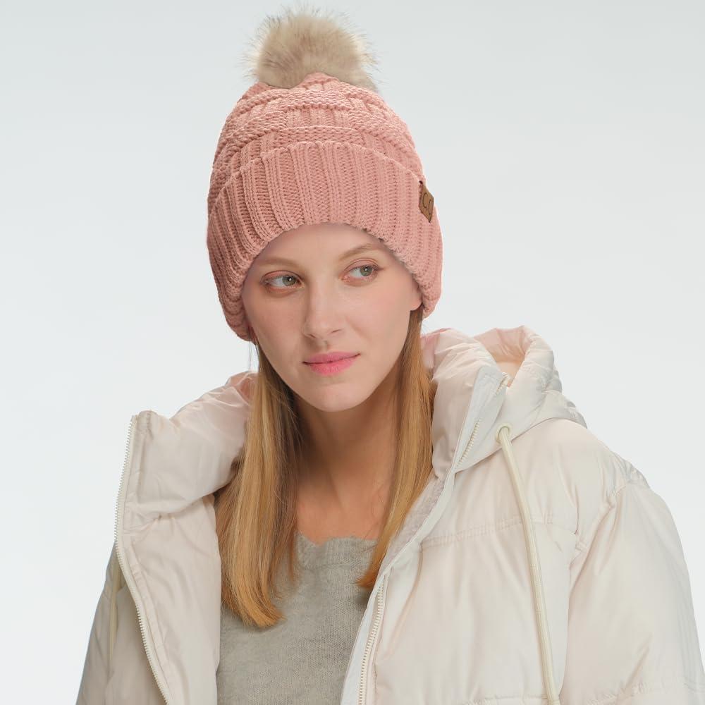 imageCC Knit Beanie Hat  Fuzzy Fleece Lined Warm Winter Hat for Women Soft Stretchy Slouchy Knit Cap Cold Weather BeanieIndi Pink