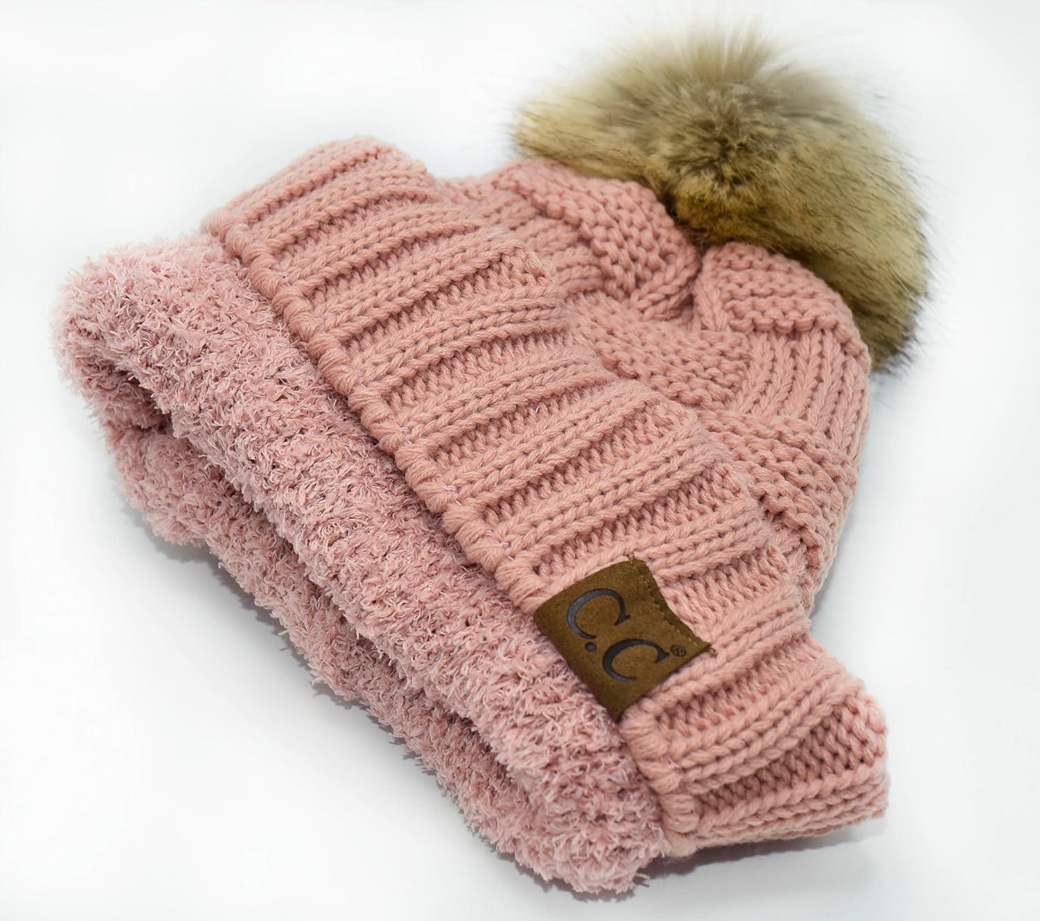 imageCC Knit Beanie Hat  Fuzzy Fleece Lined Warm Winter Hat for Women Soft Stretchy Slouchy Knit Cap Cold Weather BeanieIndi Pink