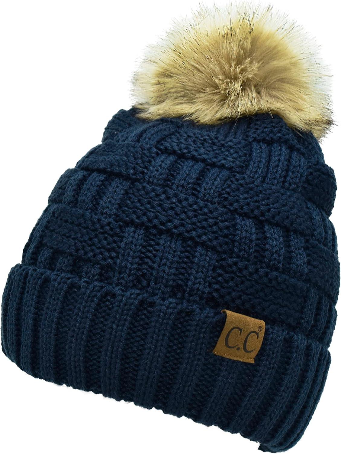 imageCC Knit Beanie Hat  Fuzzy Fleece Lined Warm Winter Hat for Women Soft Stretchy Slouchy Knit Cap Cold Weather BeanieNavy Blue