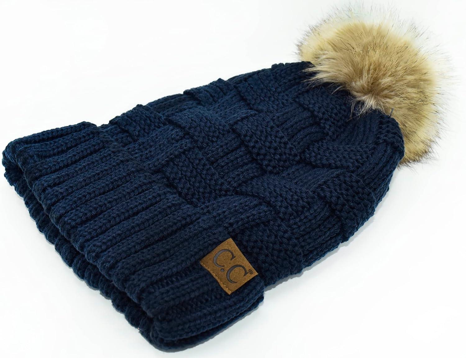 imageCC Knit Beanie Hat  Fuzzy Fleece Lined Warm Winter Hat for Women Soft Stretchy Slouchy Knit Cap Cold Weather BeanieNavy Blue