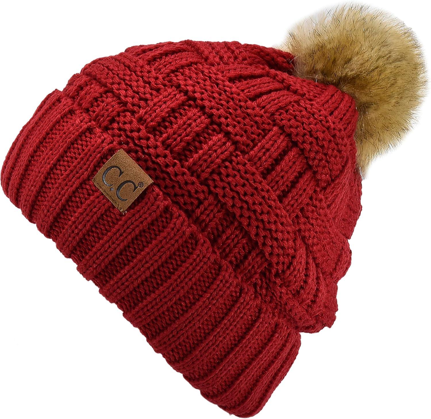 imageCC Knit Beanie Hat  Fuzzy Fleece Lined Warm Winter Hat for Women Soft Stretchy Slouchy Knit Cap Cold Weather BeanieRed