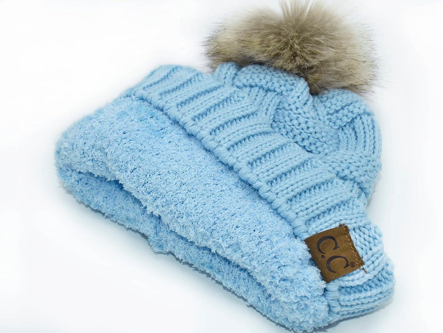 imageCC Knit Beanie Hat  Fuzzy Fleece Lined Warm Winter Hat for Women Soft Stretchy Slouchy Knit Cap Cold Weather BeanieSky Blue