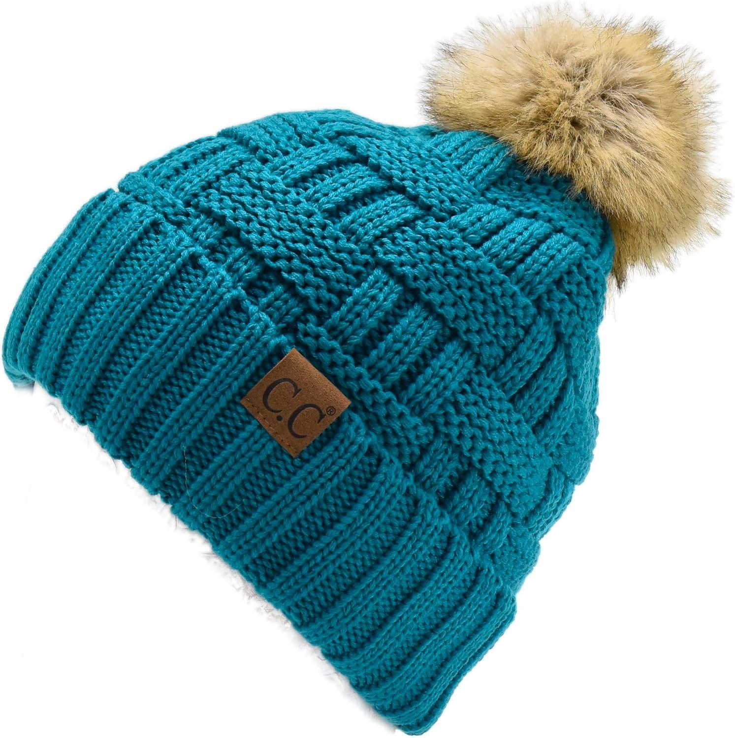 imageCC Knit Beanie Hat  Fuzzy Fleece Lined Warm Winter Hat for Women Soft Stretchy Slouchy Knit Cap Cold Weather BeanieTeal Blue