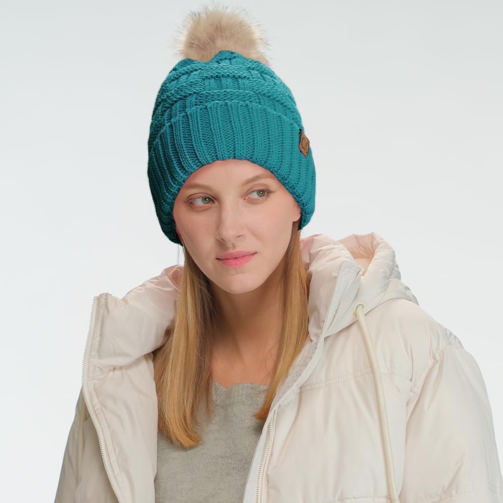 imageCC Knit Beanie Hat  Fuzzy Fleece Lined Warm Winter Hat for Women Soft Stretchy Slouchy Knit Cap Cold Weather BeanieTeal Blue