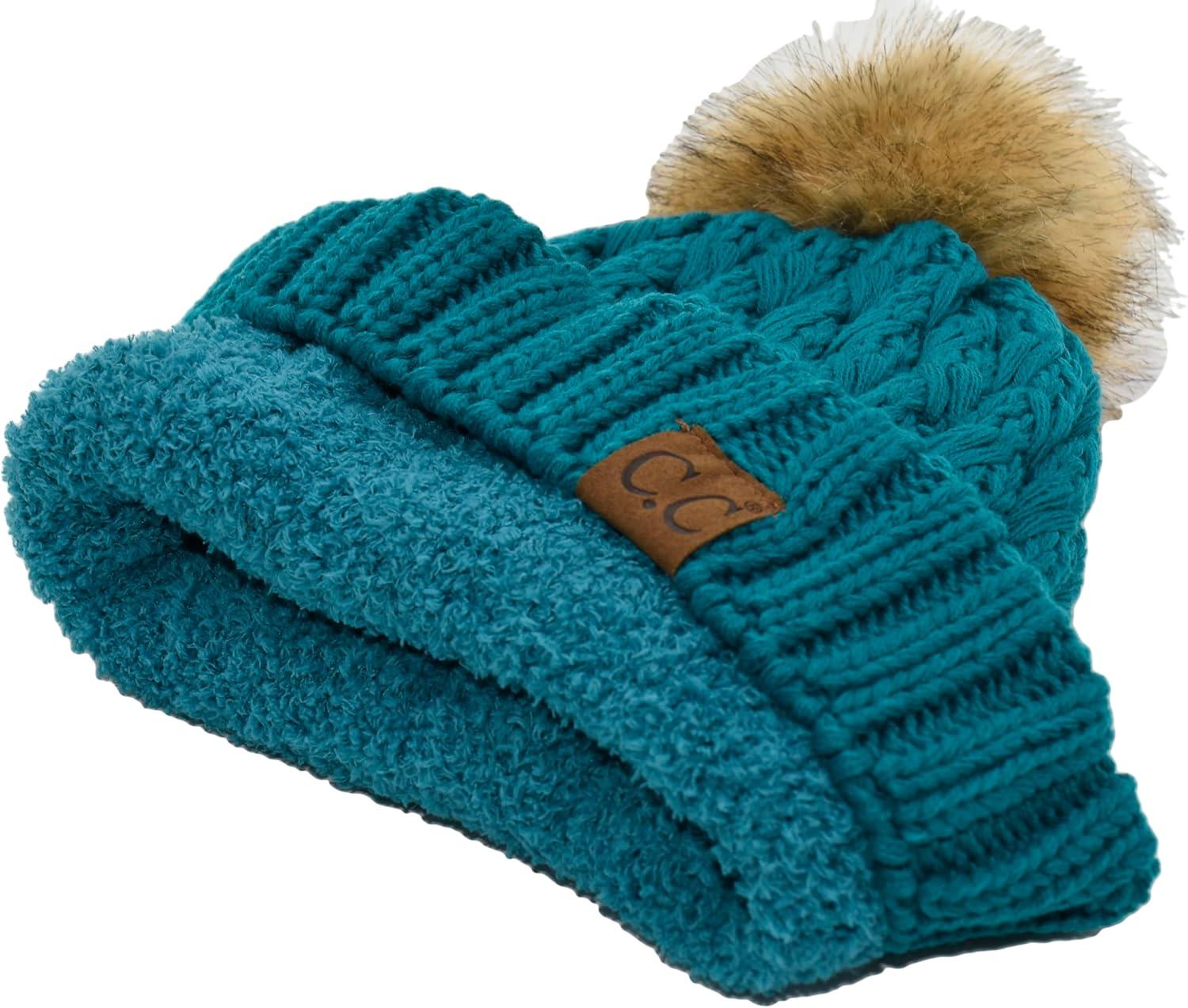 imageCC Knit Beanie Hat  Fuzzy Fleece Lined Warm Winter Hat for Women Soft Stretchy Slouchy Knit Cap Cold Weather BeanieTeal Blue