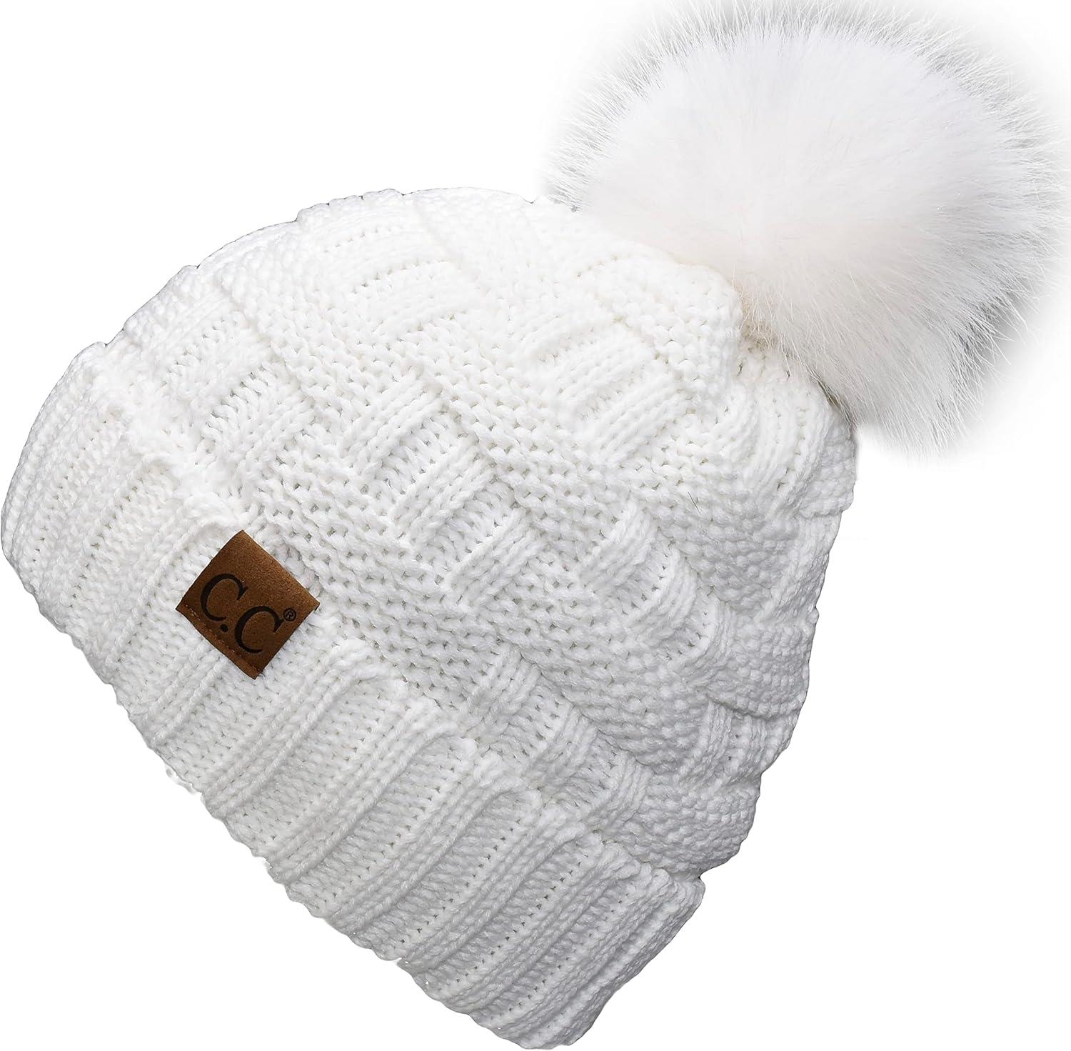 imageCC Knit Beanie Hat  Fuzzy Fleece Lined Warm Winter Hat for Women Soft Stretchy Slouchy Knit Cap Cold Weather BeanieWhite  White Pom