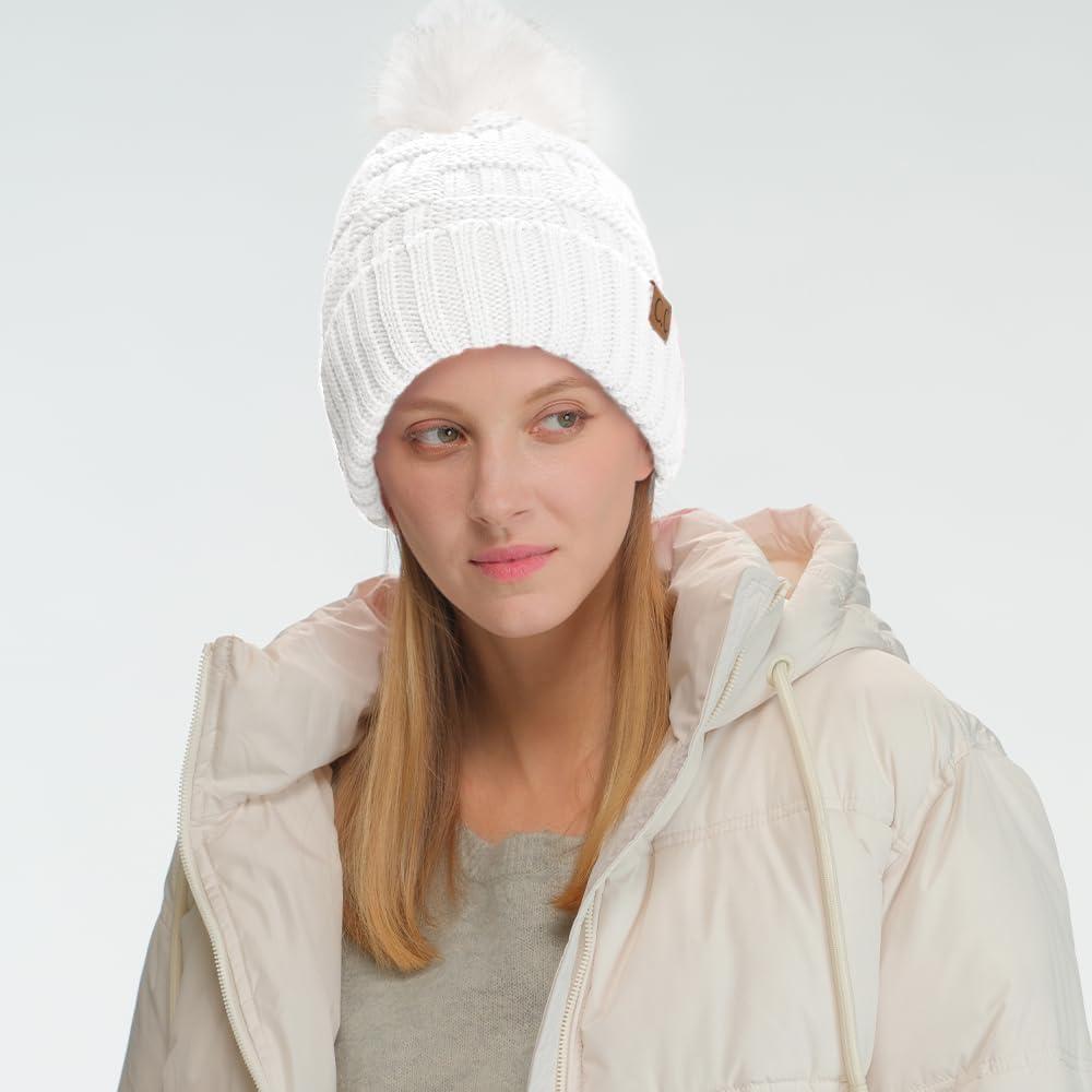 imageCC Knit Beanie Hat  Fuzzy Fleece Lined Warm Winter Hat for Women Soft Stretchy Slouchy Knit Cap Cold Weather BeanieWhite  White Pom