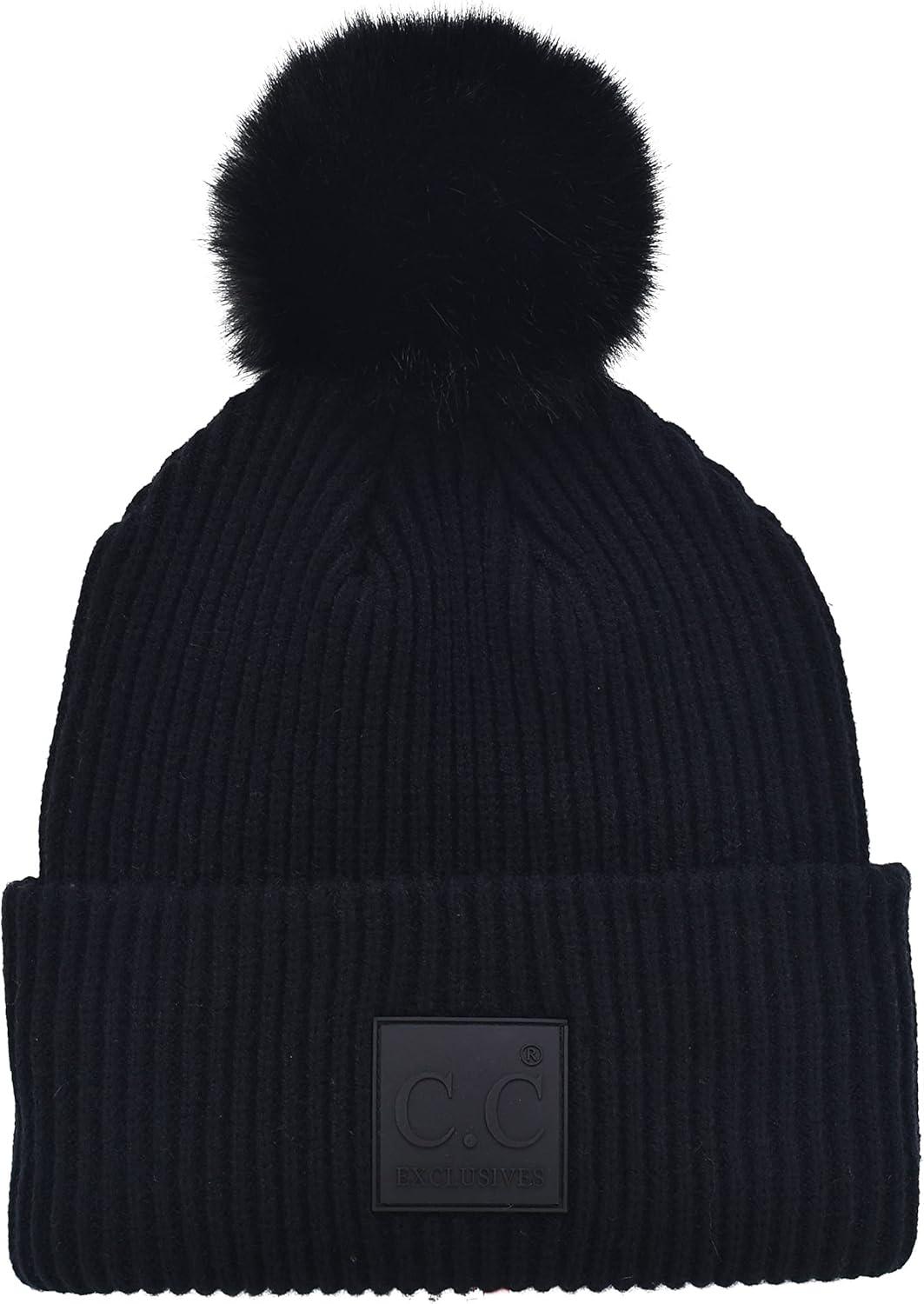 imageCC Knit Beanie with 2 Detachable Matching and Natural Poms  Soft Cuffed Winter Hat Warm Stretchy Skull CapBlack