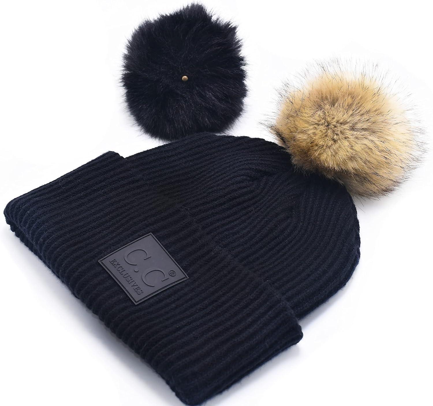 imageCC Knit Beanie with 2 Detachable Matching and Natural Poms  Soft Cuffed Winter Hat Warm Stretchy Skull CapBlack