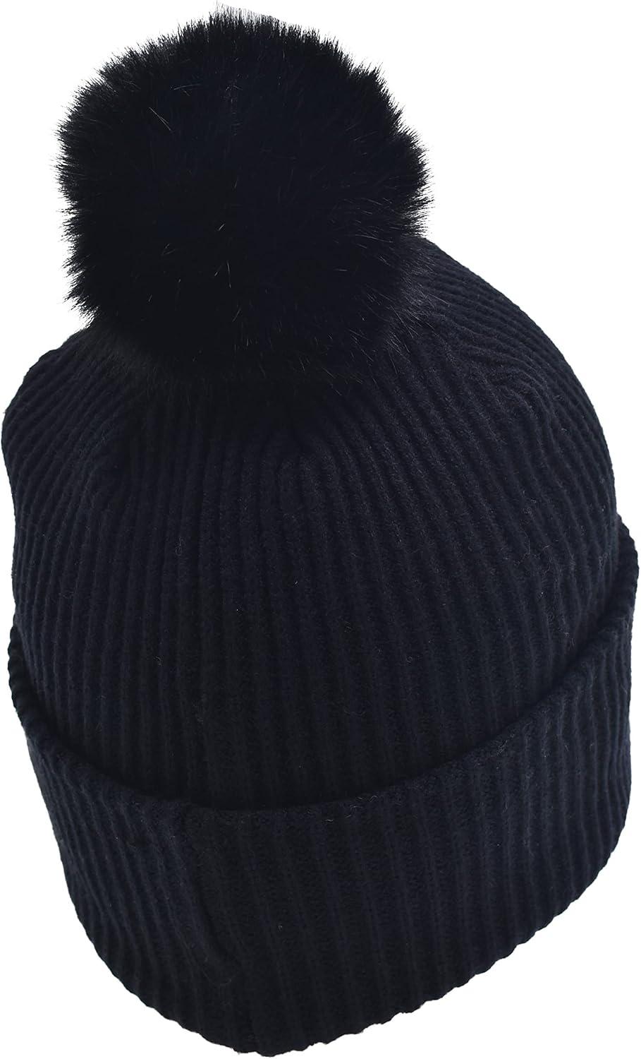 imageCC Knit Beanie with 2 Detachable Matching and Natural Poms  Soft Cuffed Winter Hat Warm Stretchy Skull CapBlack