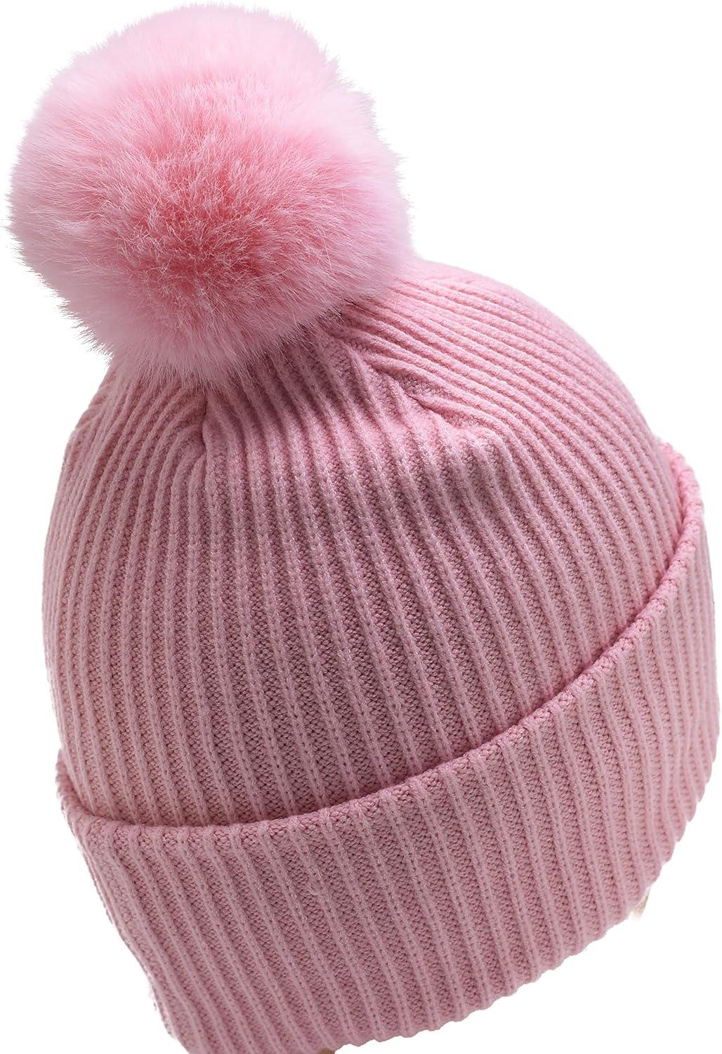 imageCC Knit Beanie with 2 Detachable Matching and Natural Poms  Soft Cuffed Winter Hat Warm Stretchy Skull CapBlush Pink