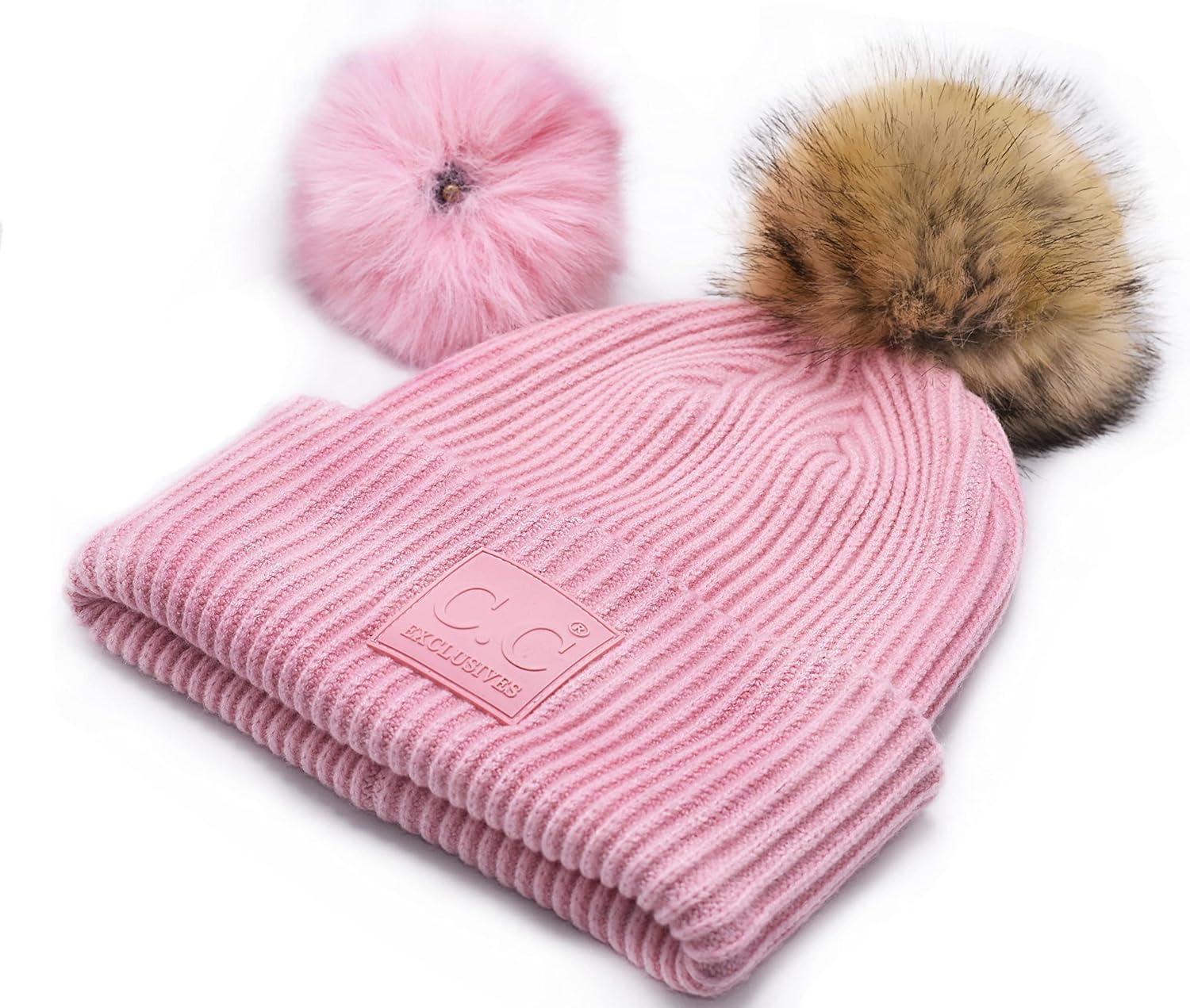 imageCC Knit Beanie with 2 Detachable Matching and Natural Poms  Soft Cuffed Winter Hat Warm Stretchy Skull CapBlush Pink