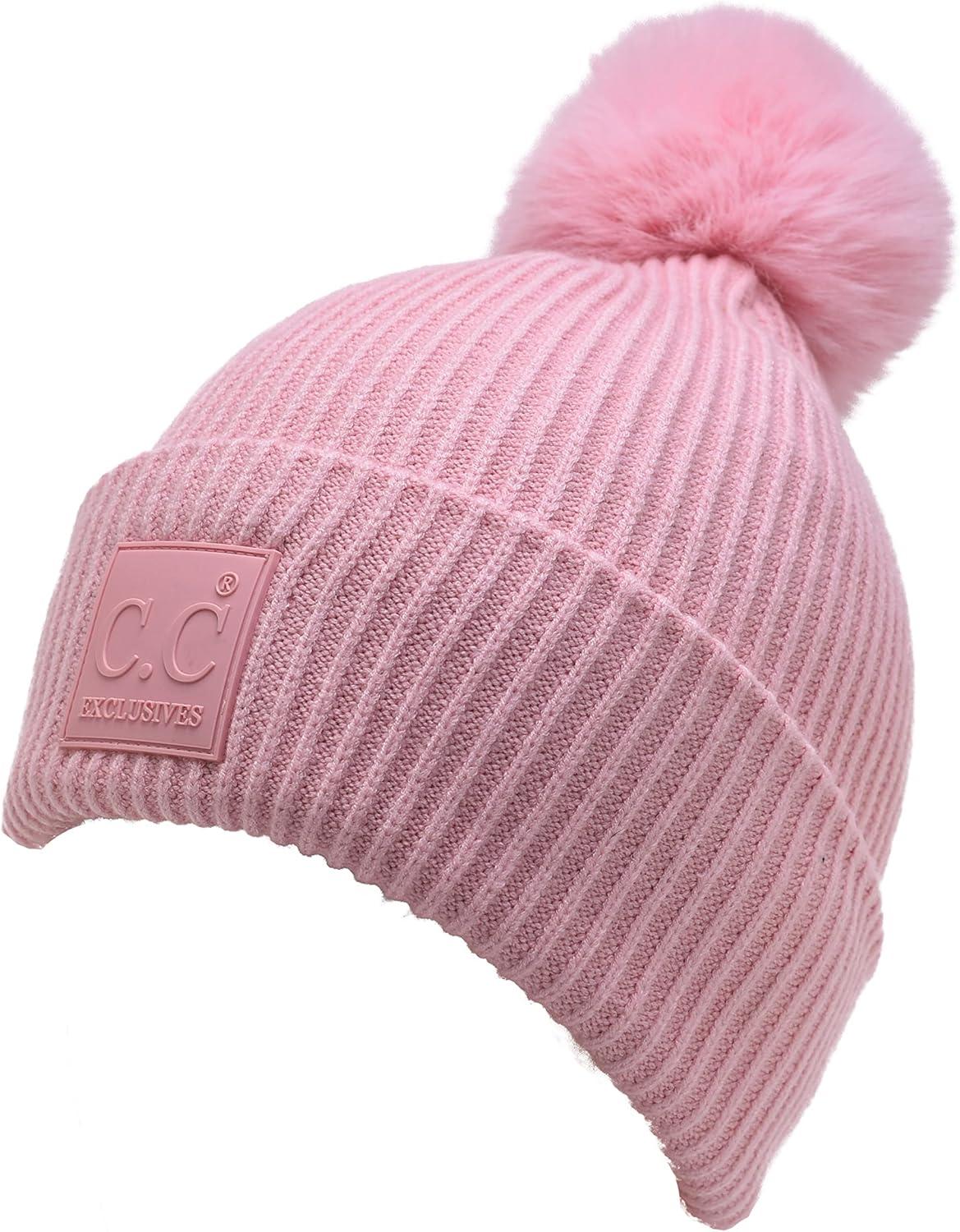 imageCC Knit Beanie with 2 Detachable Matching and Natural Poms  Soft Cuffed Winter Hat Warm Stretchy Skull CapBlush Pink