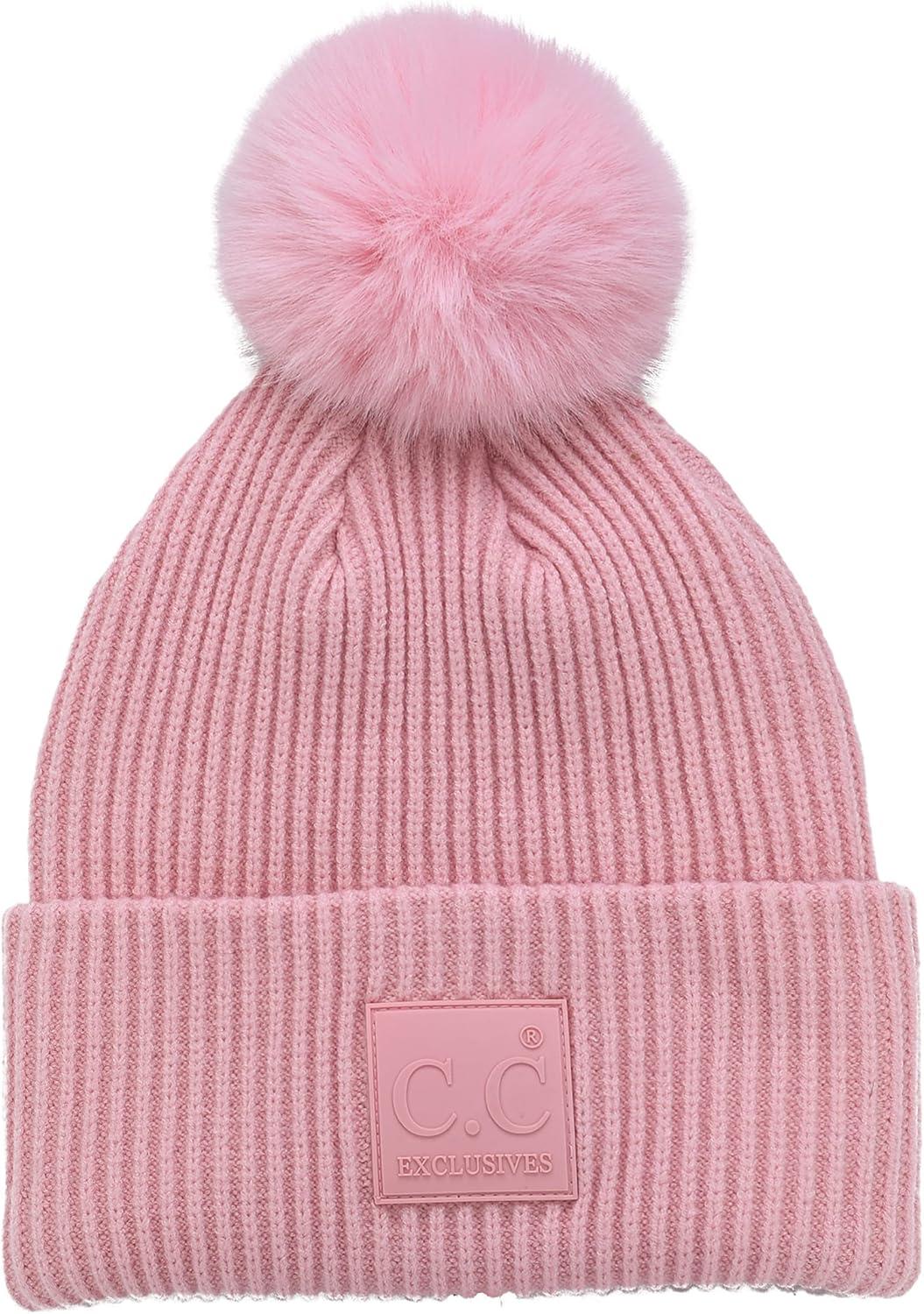 imageCC Knit Beanie with 2 Detachable Matching and Natural Poms  Soft Cuffed Winter Hat Warm Stretchy Skull CapBlush Pink