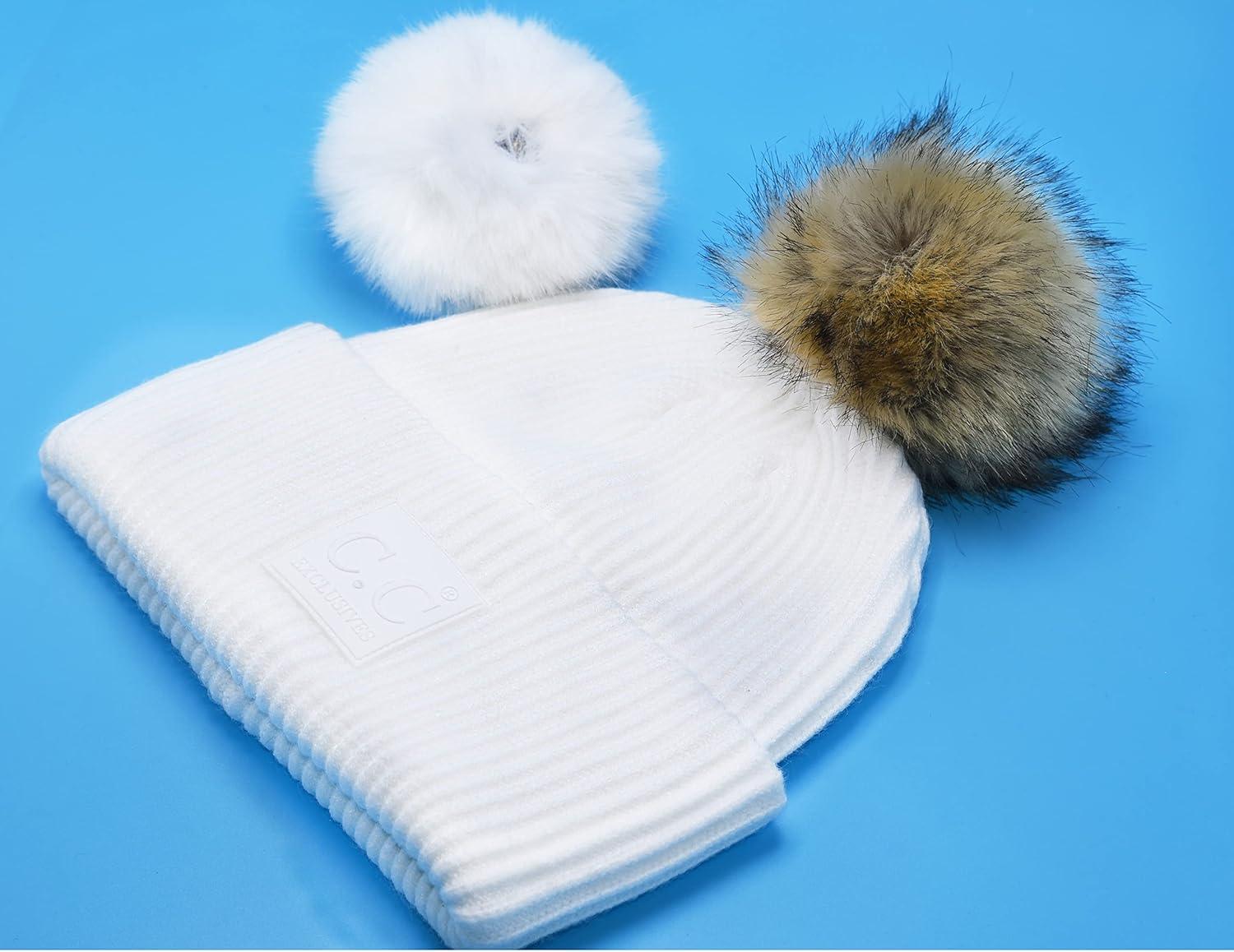 imageCC Knit Beanie with 2 Detachable Matching and Natural Poms  Soft Cuffed Winter Hat Warm Stretchy Skull CapIvory