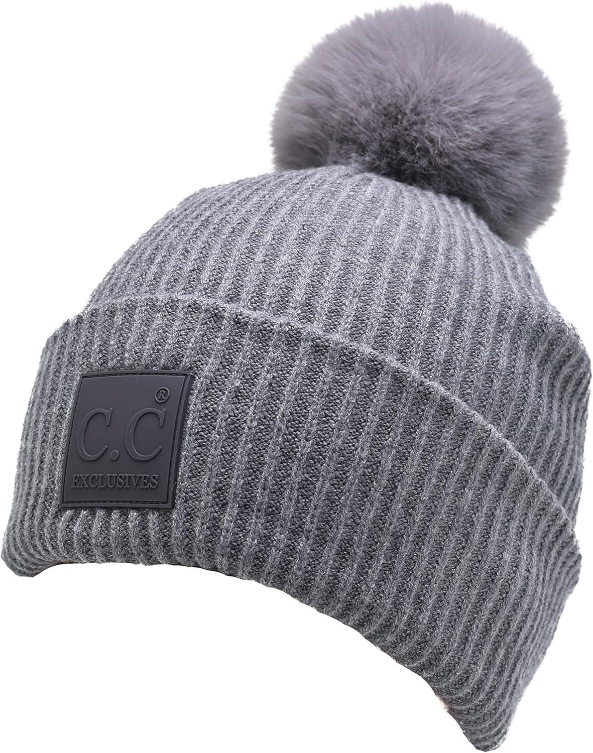 imageCC Knit Beanie with 2 Detachable Matching and Natural Poms  Soft Cuffed Winter Hat Warm Stretchy Skull CapLight Grey