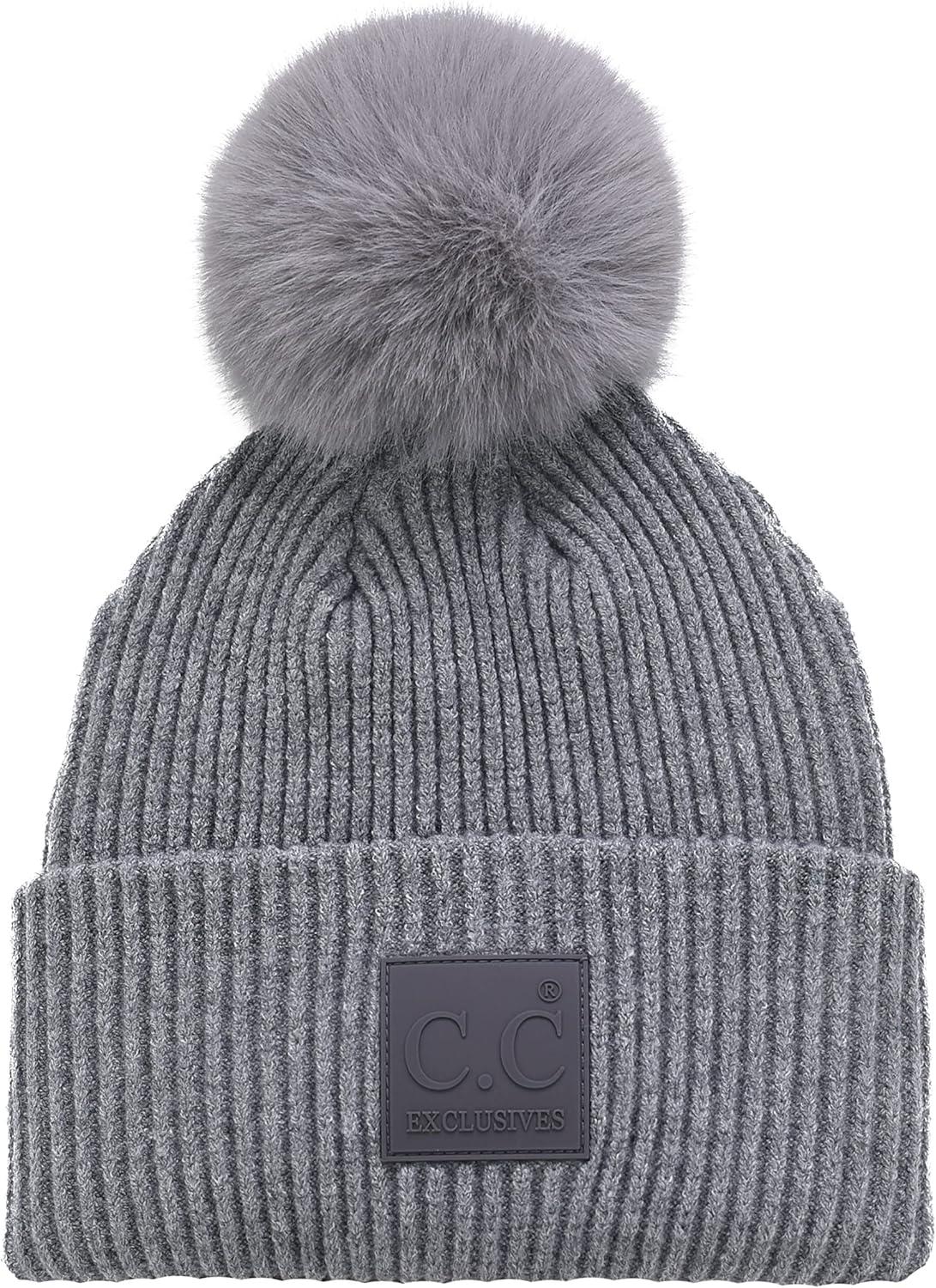 imageCC Knit Beanie with 2 Detachable Matching and Natural Poms  Soft Cuffed Winter Hat Warm Stretchy Skull CapLight Grey