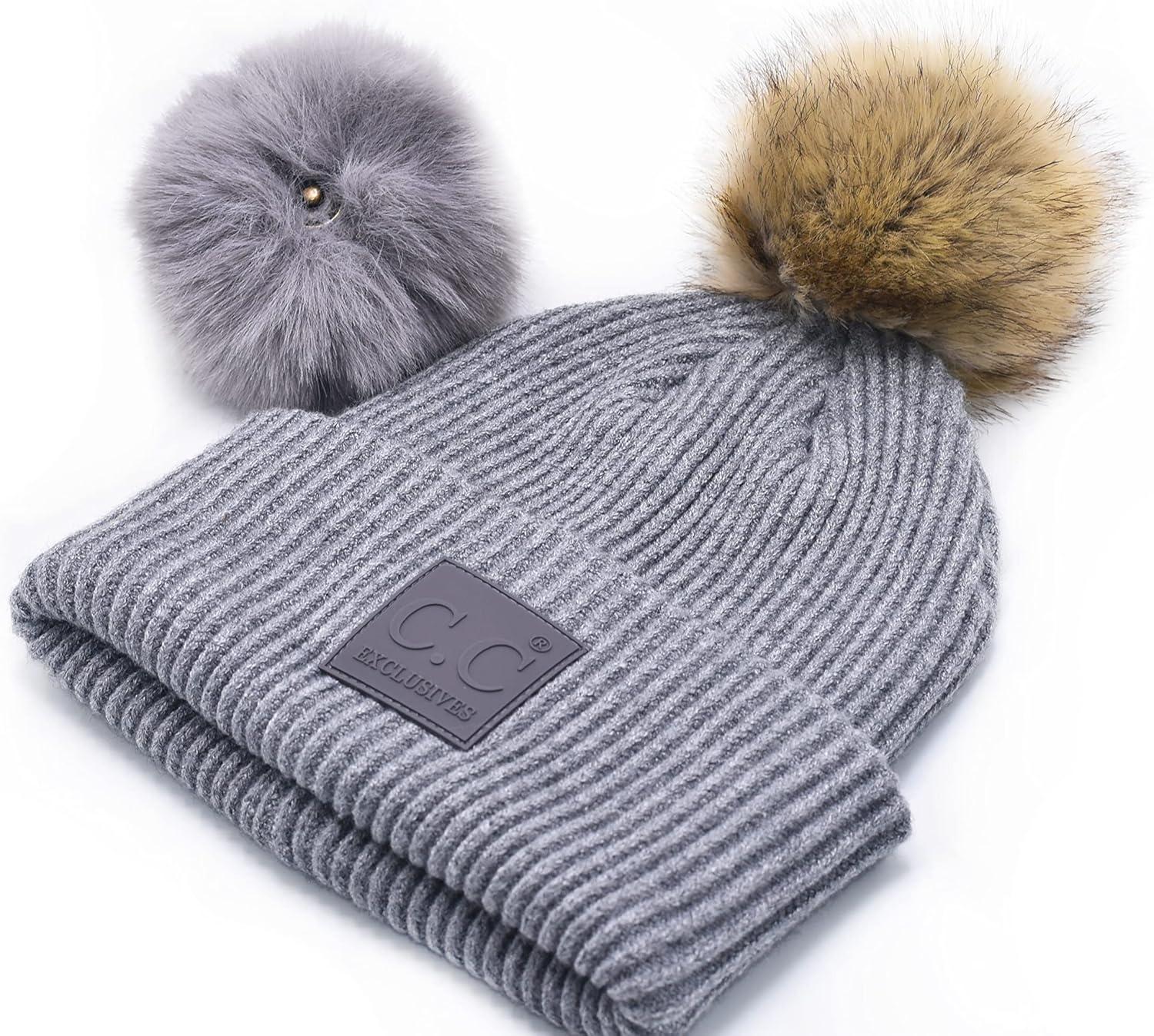 imageCC Knit Beanie with 2 Detachable Matching and Natural Poms  Soft Cuffed Winter Hat Warm Stretchy Skull CapLight Grey