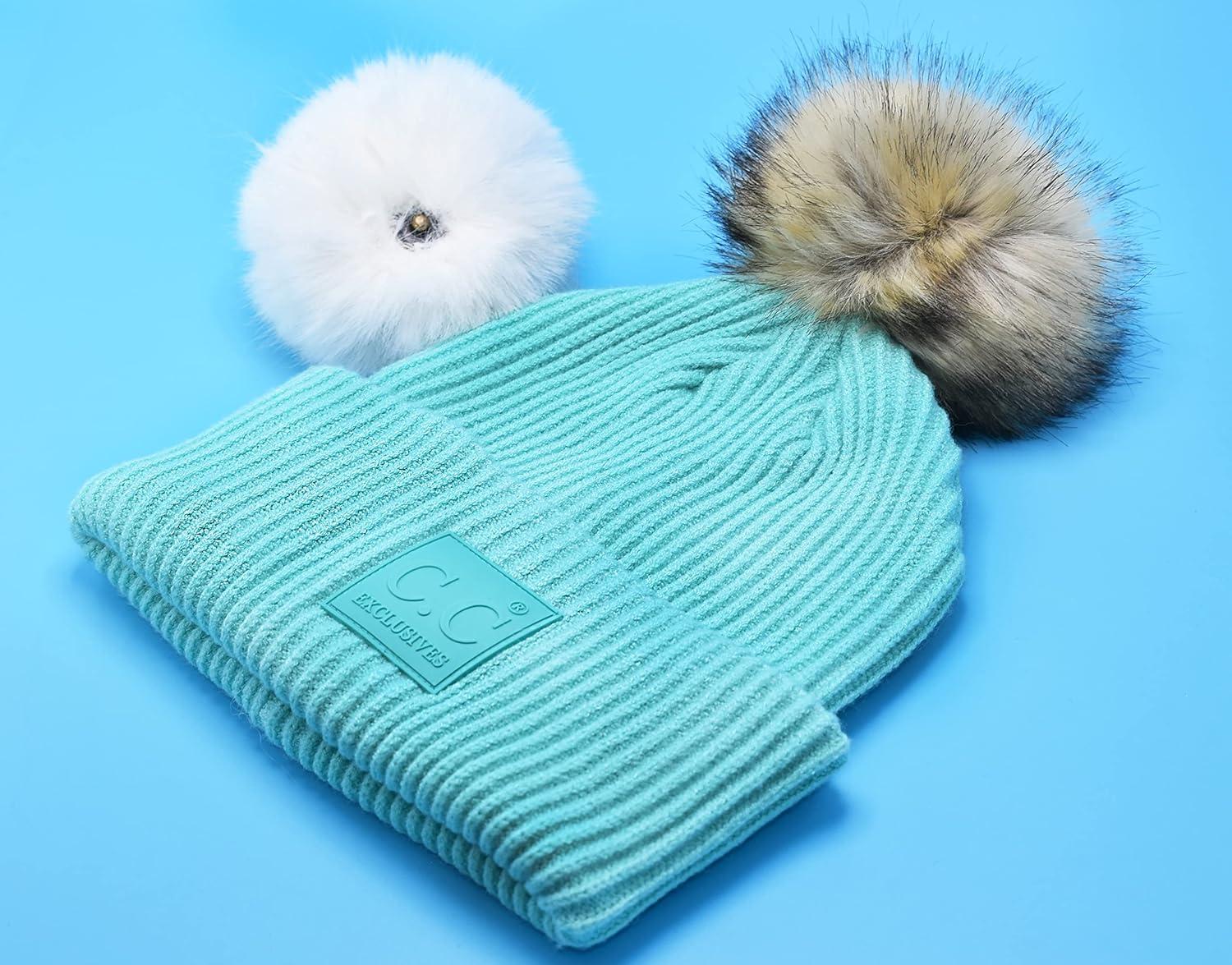 imageCC Knit Beanie with 2 Detachable Matching and Natural Poms  Soft Cuffed Winter Hat Warm Stretchy Skull CapMint
