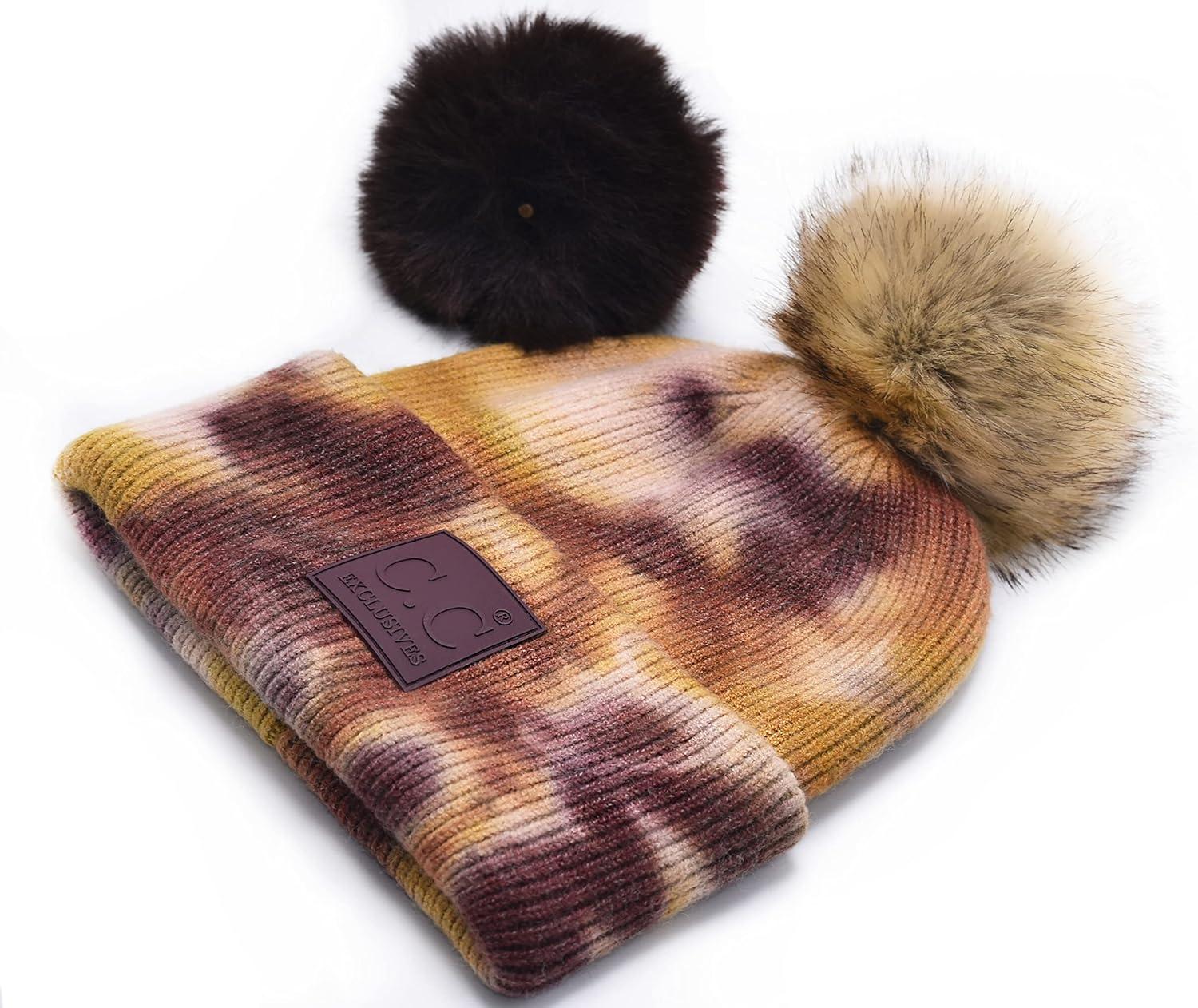 imageCC Knit Beanie with 2 Detachable Matching and Natural Poms  Soft Cuffed Winter Hat Warm Stretchy Skull CapTie Dye Antique Moss  Wild Ginger
