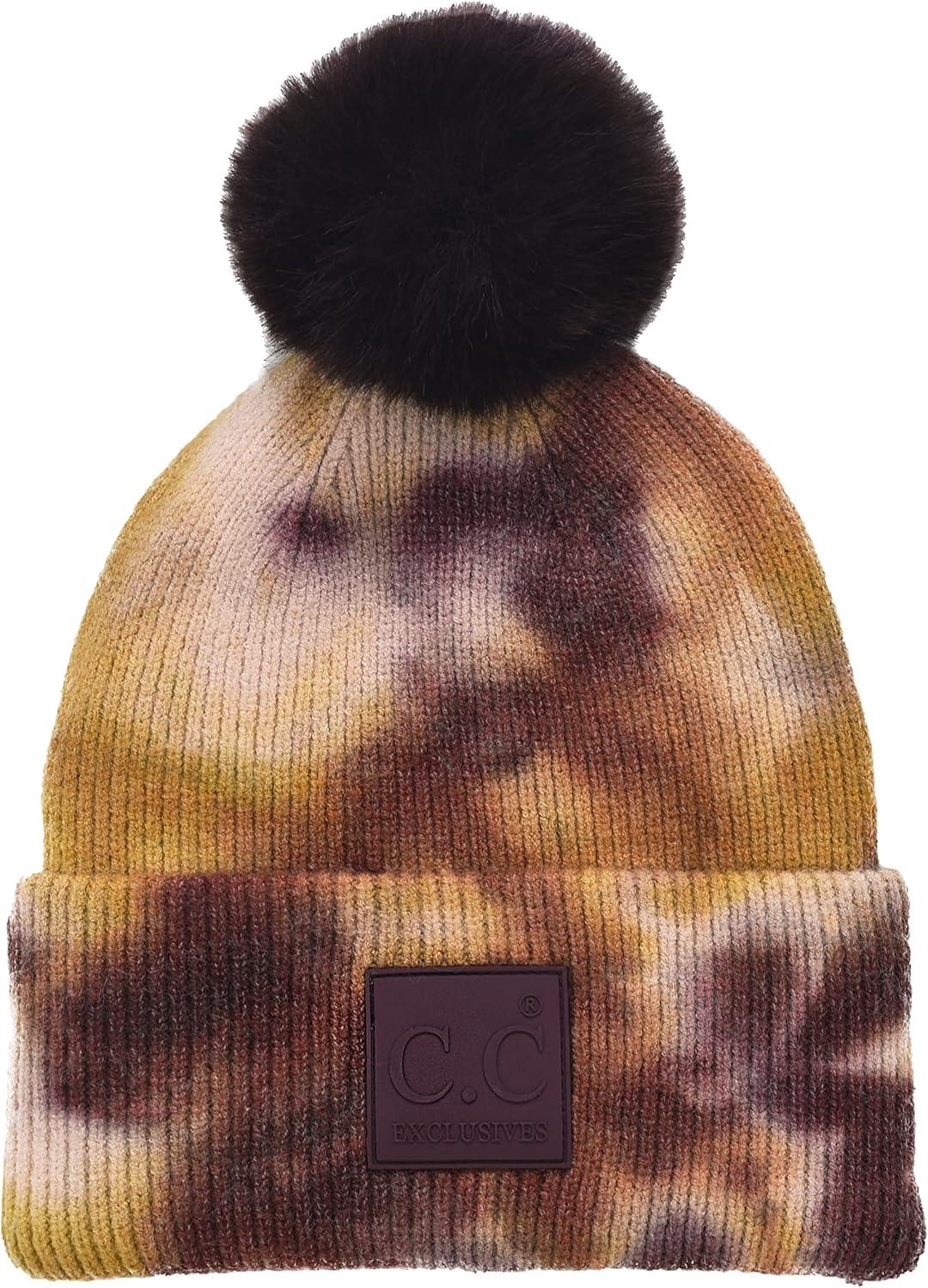 imageCC Knit Beanie with 2 Detachable Matching and Natural Poms  Soft Cuffed Winter Hat Warm Stretchy Skull CapTie Dye Antique Moss  Wild Ginger