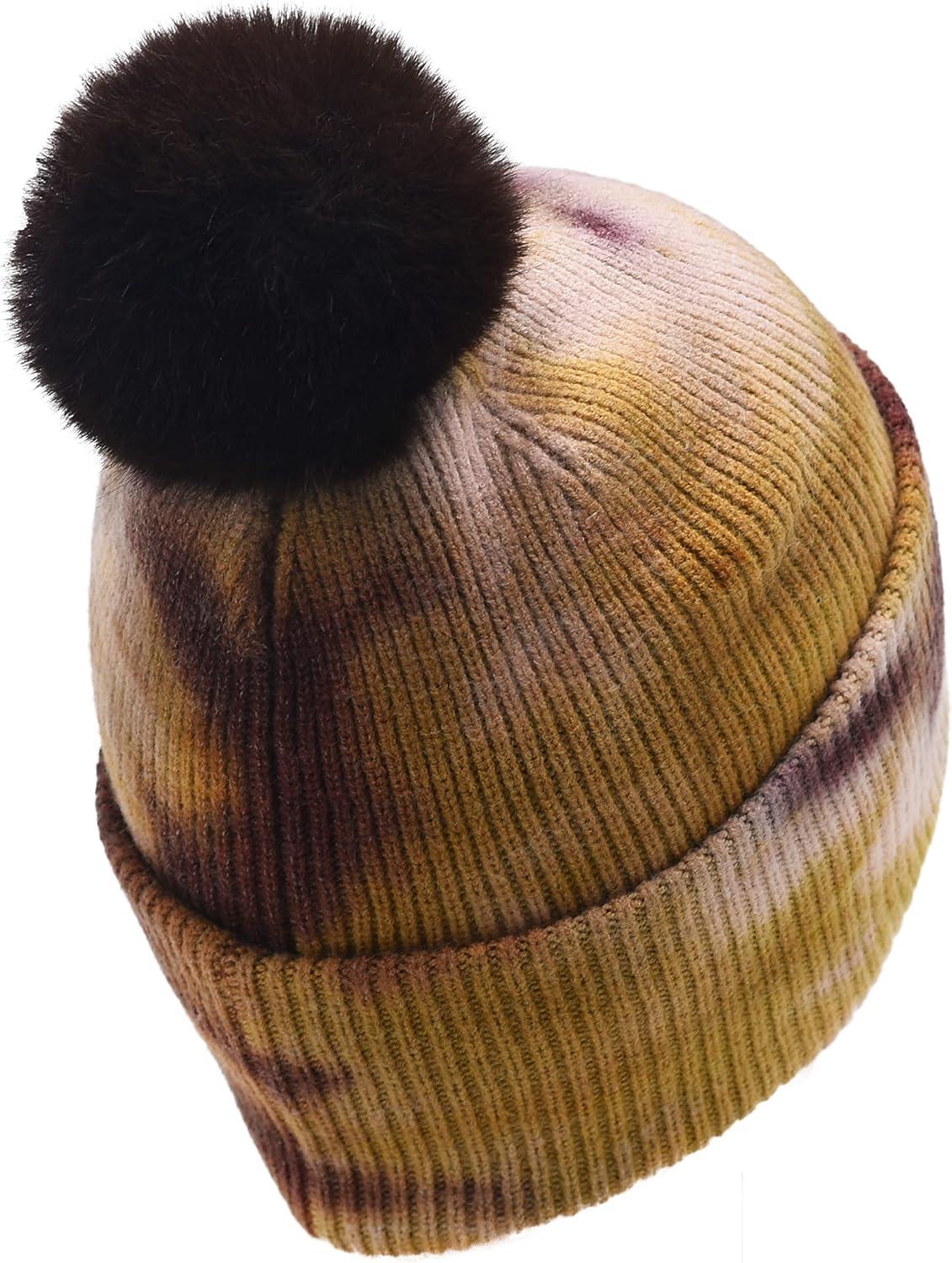 imageCC Knit Beanie with 2 Detachable Matching and Natural Poms  Soft Cuffed Winter Hat Warm Stretchy Skull CapTie Dye Antique Moss  Wild Ginger