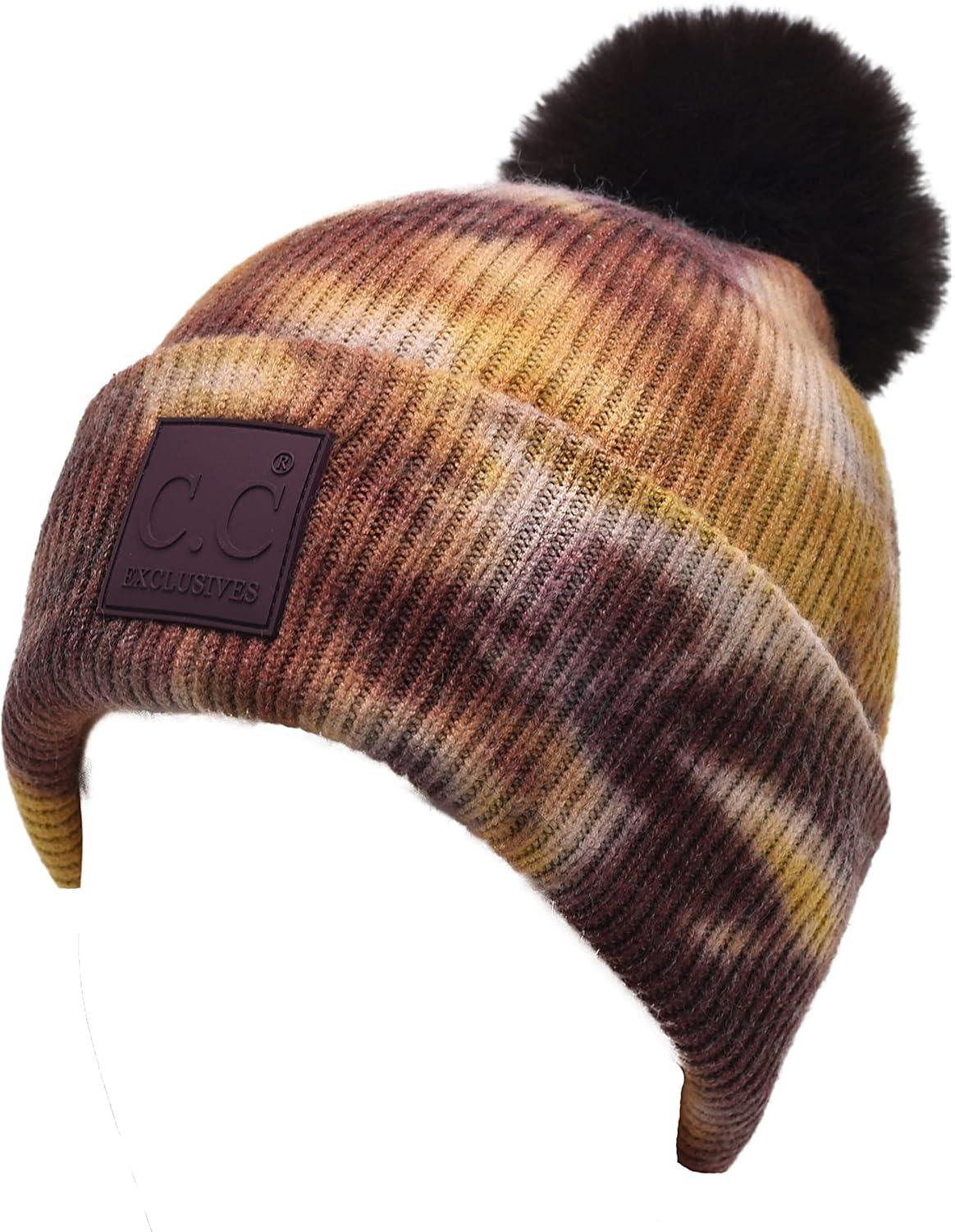 imageCC Knit Beanie with 2 Detachable Matching and Natural Poms  Soft Cuffed Winter Hat Warm Stretchy Skull CapTie Dye Antique Moss  Wild Ginger