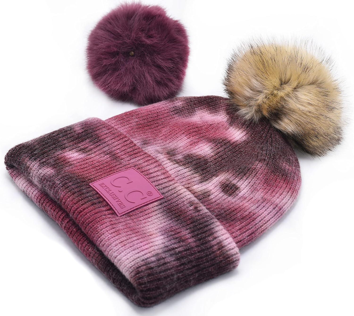 imageCC Knit Beanie with 2 Detachable Matching and Natural Poms  Soft Cuffed Winter Hat Warm Stretchy Skull CapTie Dye Brown  Wild Ginger