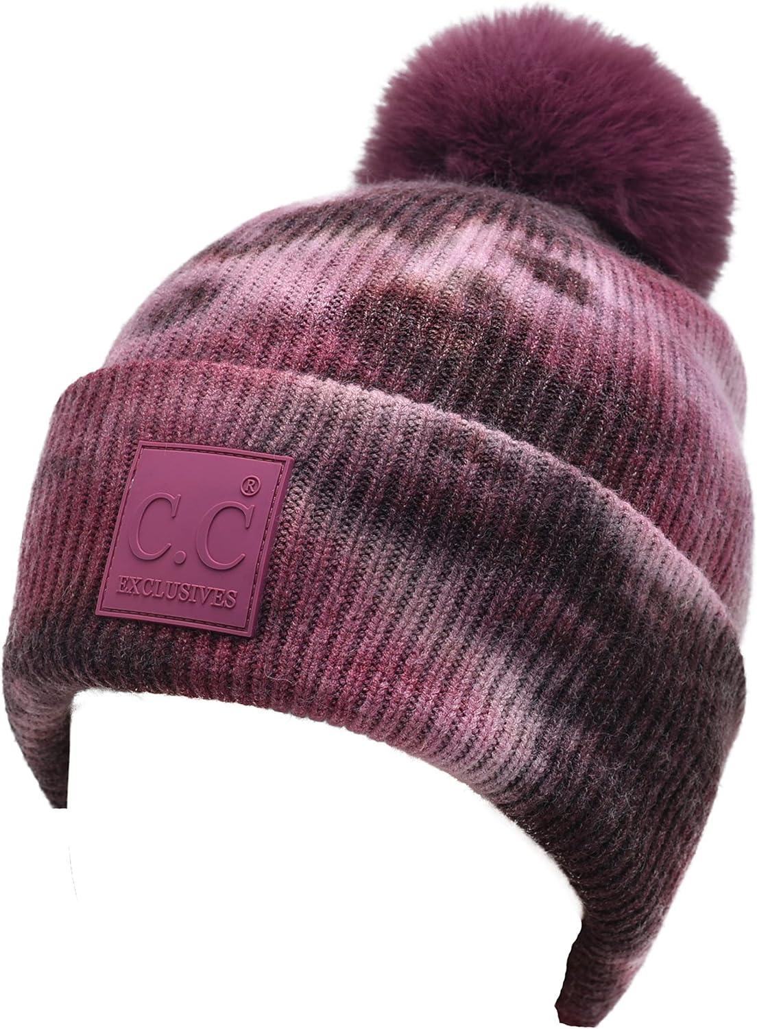 imageCC Knit Beanie with 2 Detachable Matching and Natural Poms  Soft Cuffed Winter Hat Warm Stretchy Skull CapTie Dye Brown  Wild Ginger