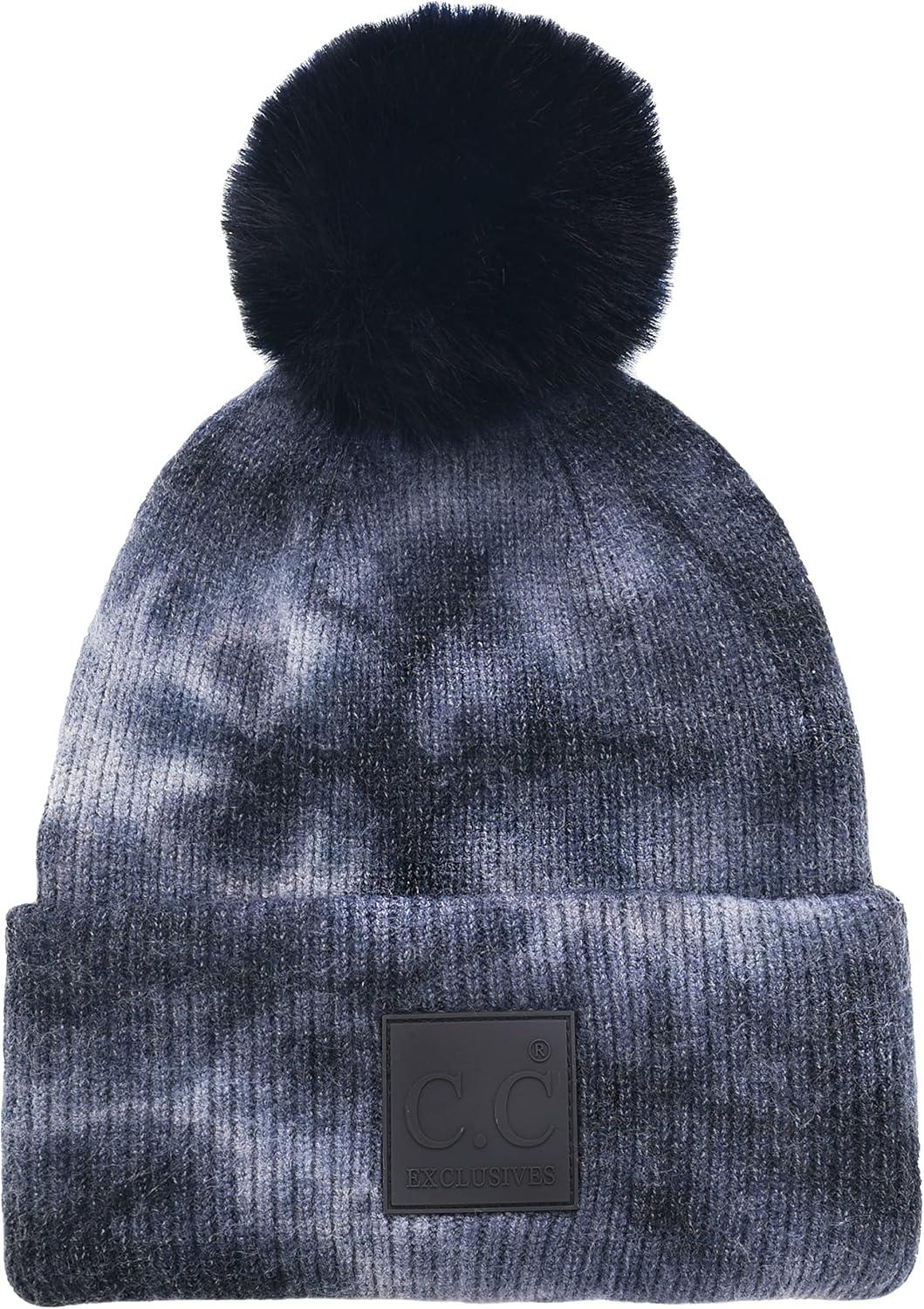 imageCC Knit Beanie with 2 Detachable Matching and Natural Poms  Soft Cuffed Winter Hat Warm Stretchy Skull CapTie Dye Dark Grey  Light Grey