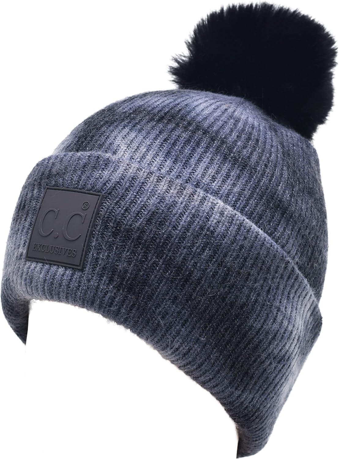 imageCC Knit Beanie with 2 Detachable Matching and Natural Poms  Soft Cuffed Winter Hat Warm Stretchy Skull CapTie Dye Dark Grey  Light Grey