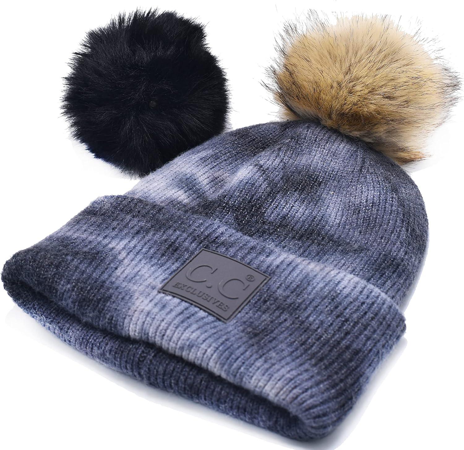 imageCC Knit Beanie with 2 Detachable Matching and Natural Poms  Soft Cuffed Winter Hat Warm Stretchy Skull CapTie Dye Dark Grey  Light Grey