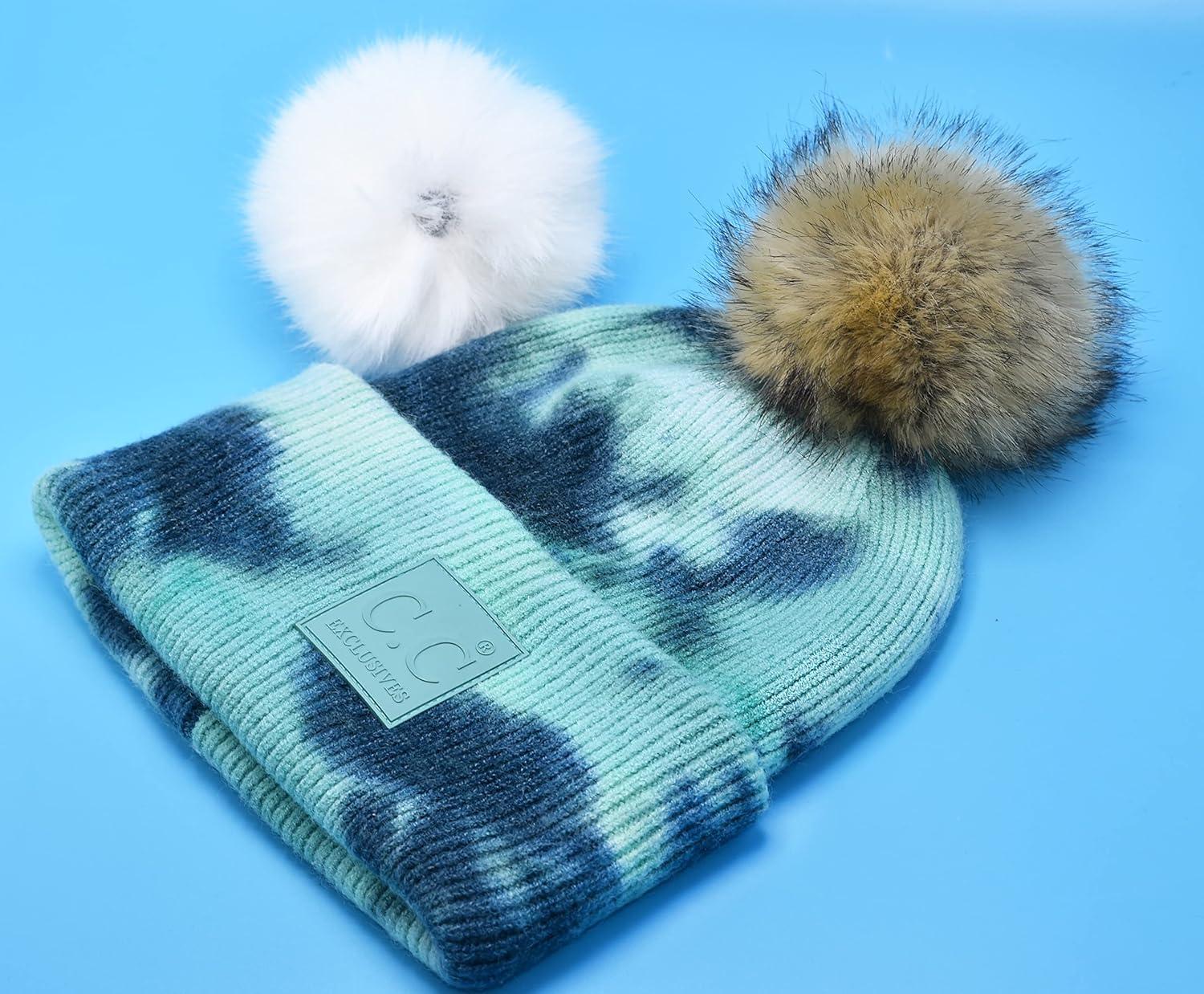 imageCC Knit Beanie with 2 Detachable Matching and Natural Poms  Soft Cuffed Winter Hat Warm Stretchy Skull CapTie Dye Deep Teal  Sea Green