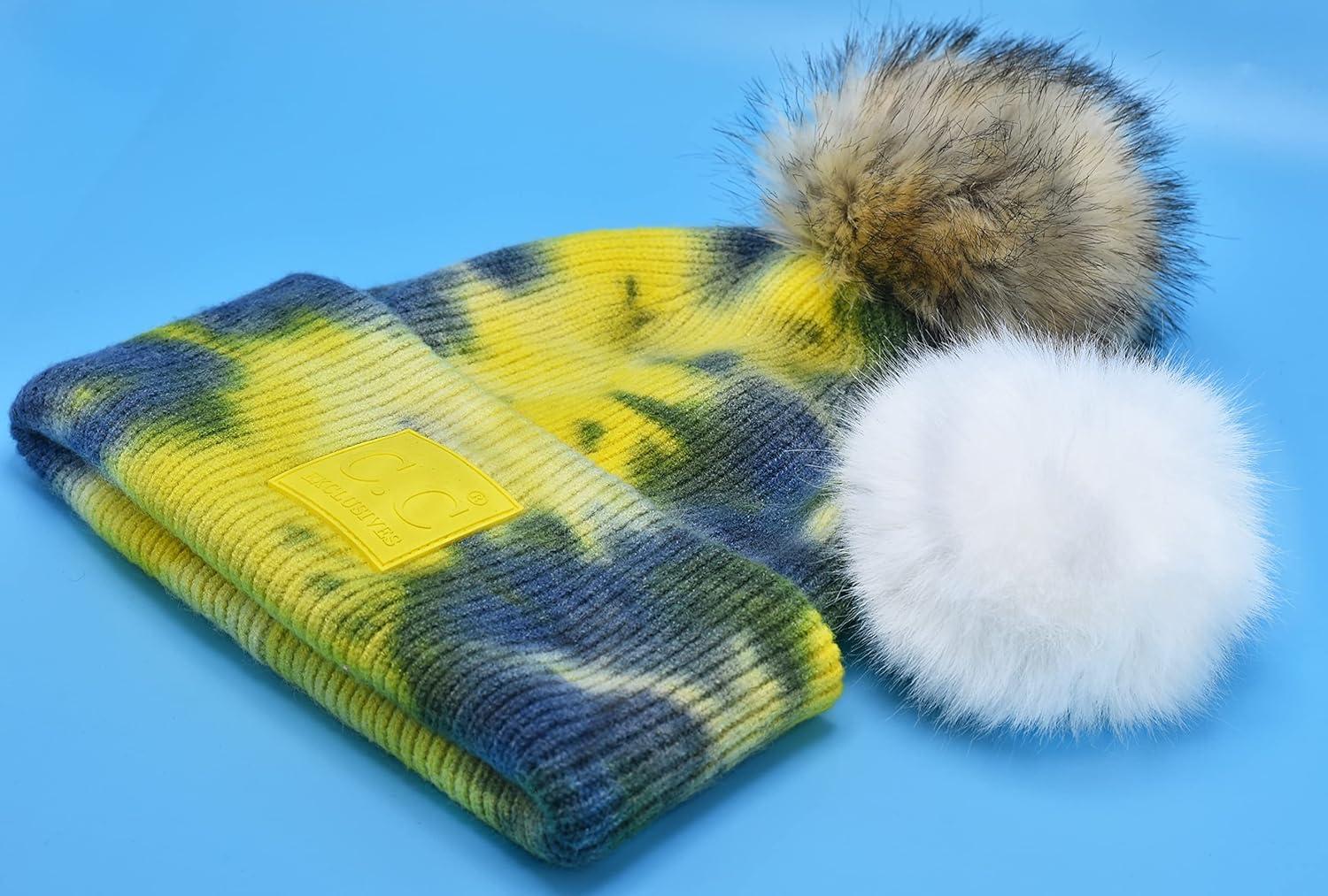 imageCC Knit Beanie with 2 Detachable Matching and Natural Poms  Soft Cuffed Winter Hat Warm Stretchy Skull CapTie Dye Denim  Yellow
