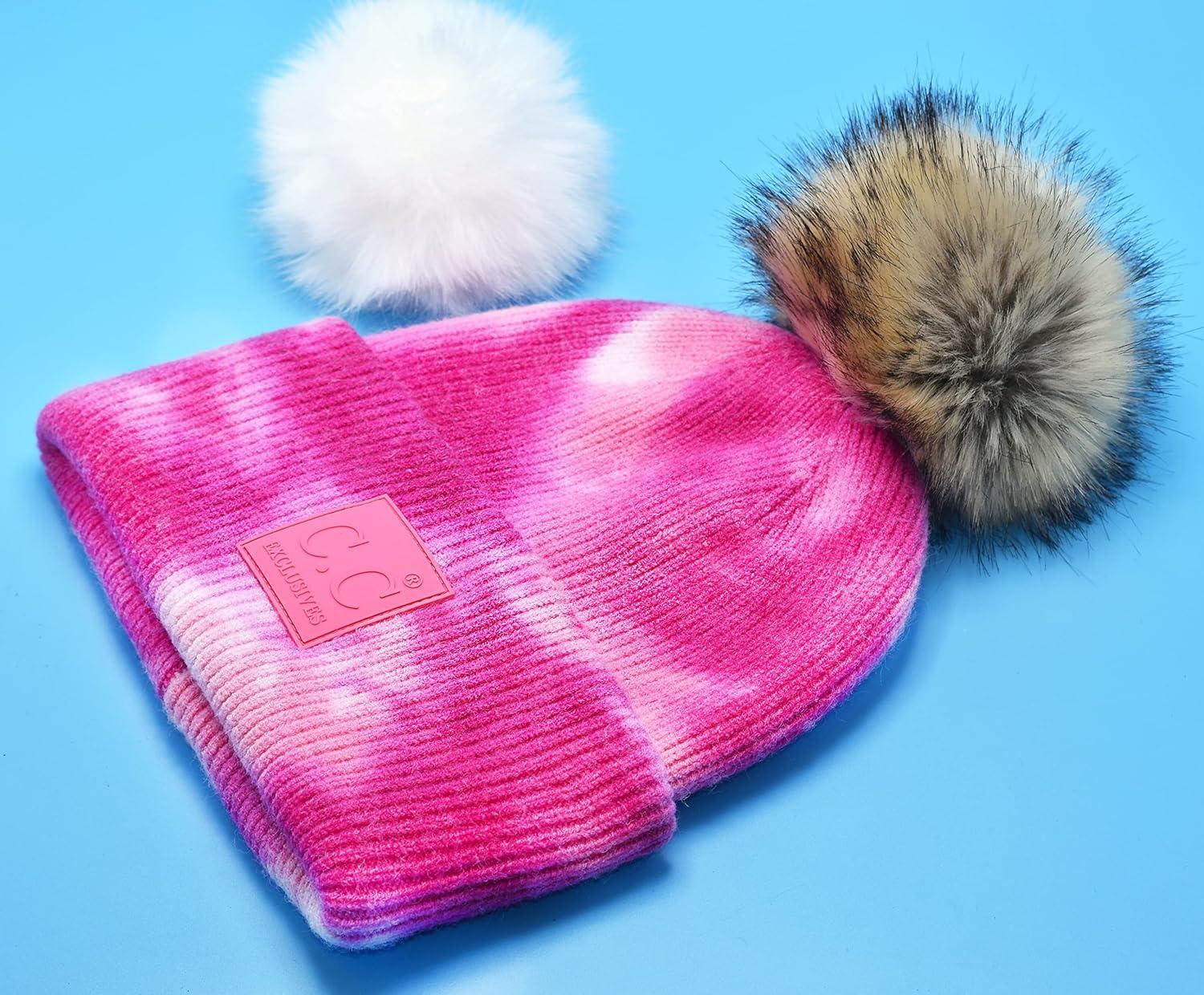 imageCC Knit Beanie with 2 Detachable Matching and Natural Poms  Soft Cuffed Winter Hat Warm Stretchy Skull CapTie Dye Fuchsia  Pink
