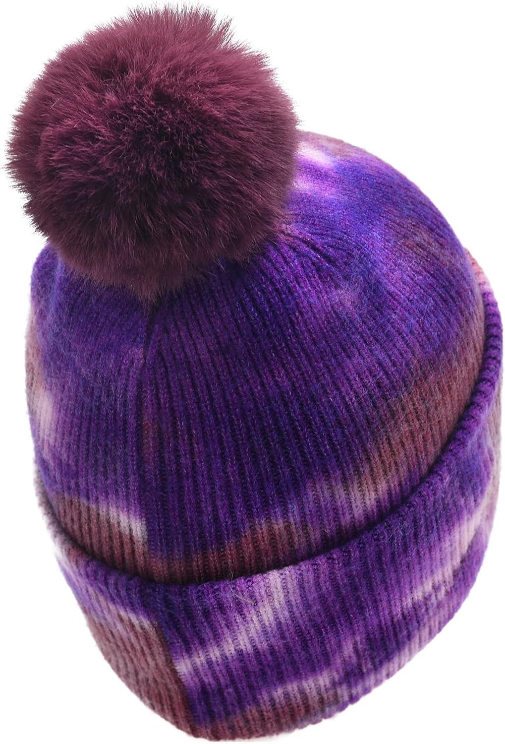 imageCC Knit Beanie with 2 Detachable Matching and Natural Poms  Soft Cuffed Winter Hat Warm Stretchy Skull CapTie Dye Iris  Wild Ginger