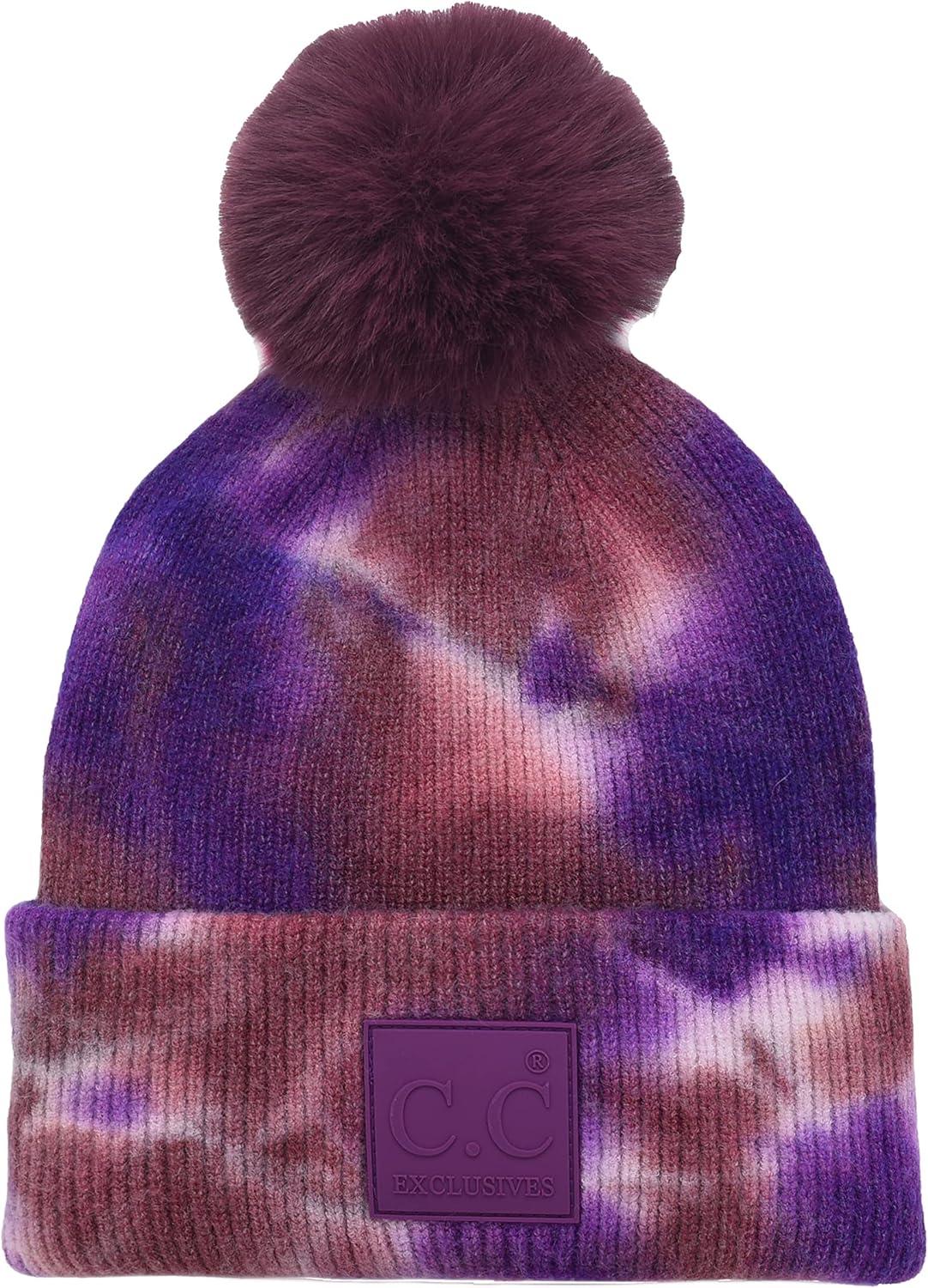 imageCC Knit Beanie with 2 Detachable Matching and Natural Poms  Soft Cuffed Winter Hat Warm Stretchy Skull CapTie Dye Iris  Wild Ginger