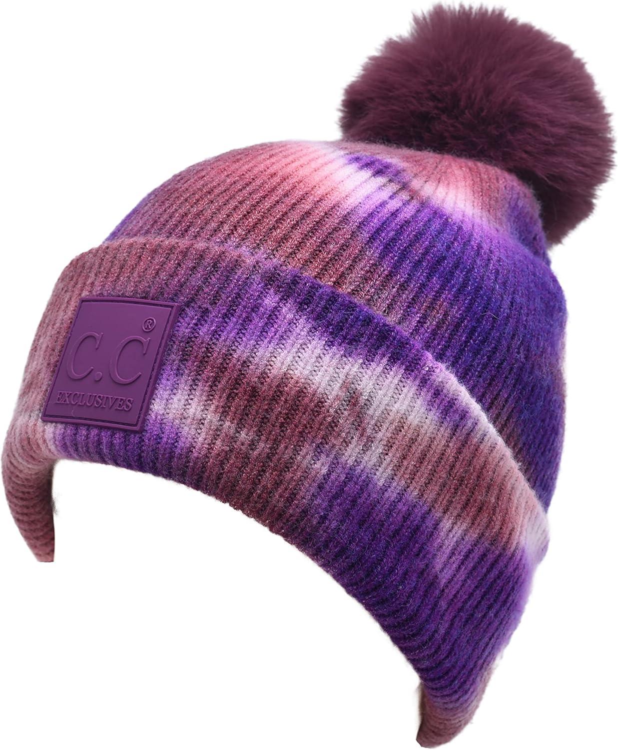 imageCC Knit Beanie with 2 Detachable Matching and Natural Poms  Soft Cuffed Winter Hat Warm Stretchy Skull CapTie Dye Iris  Wild Ginger